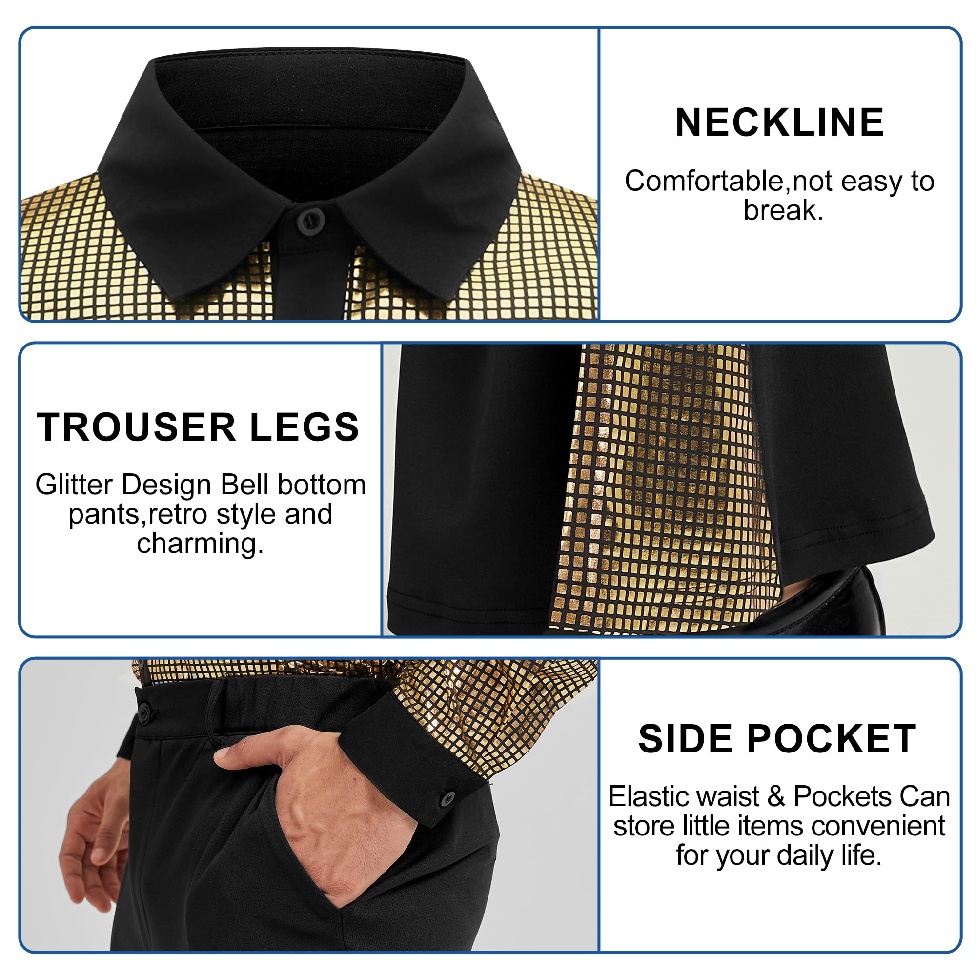 Déguisement Disco Homme,Deguisement Année 70 Homme,Chemise Tenue Disco Homme Costume de Carnaval