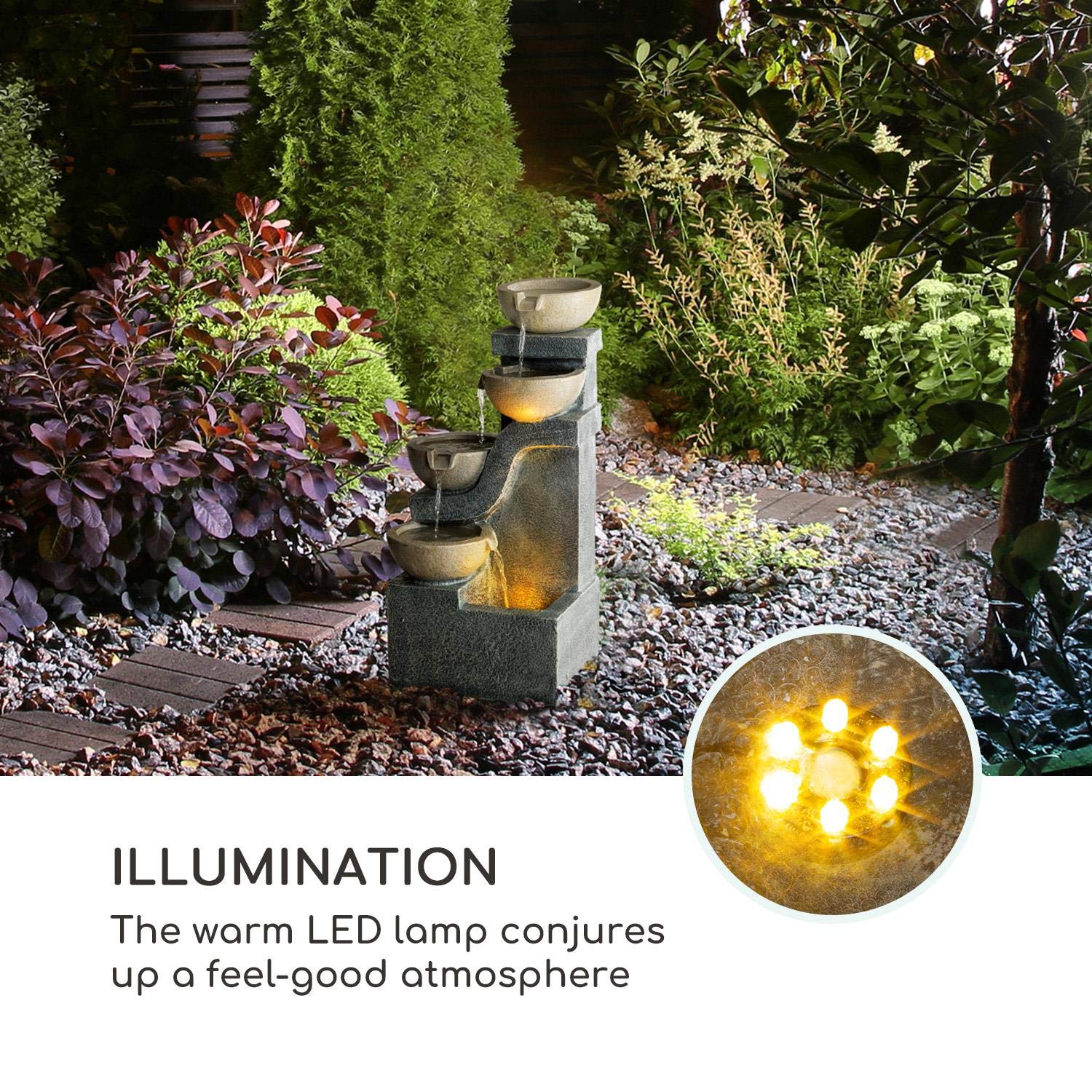 blumfeldt Delos - Fontana da Giardino Decorativa, Gioco d'Acqua, Umidificazione, Illuminazione LED: Bianco Caldo, al Chiuso e all'Aperto, Cavo: lungo 5 m, Cemento, Grigio