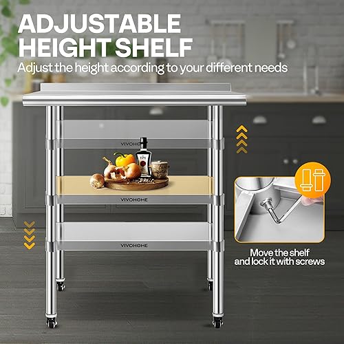 Miniatura 3 de VIVOHOME Mesa de trabajo de acero inoxidable de 24 x 36 pulgadas con protector contra salpicaduras, mesa comercial de preparación con ruedas para