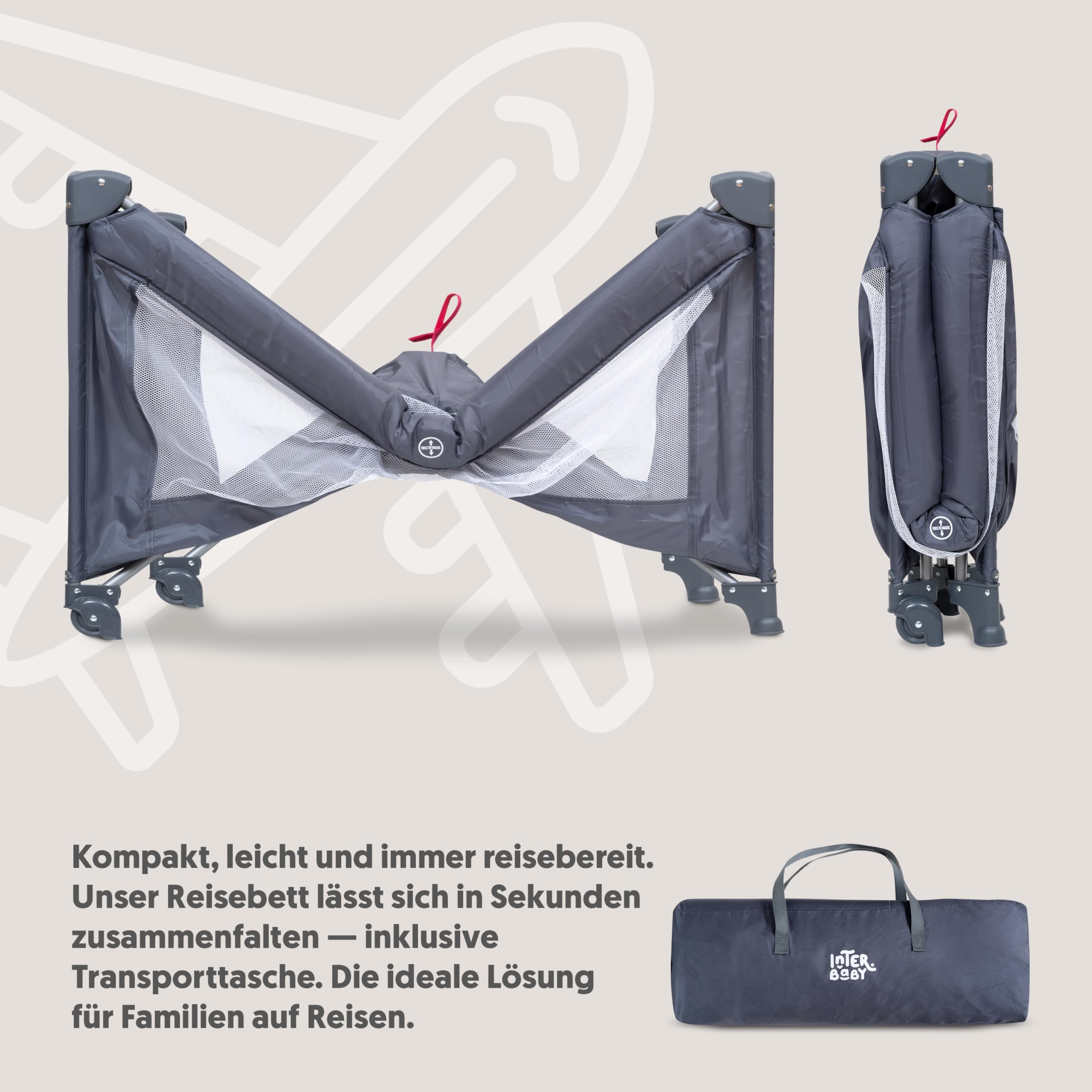 Interbaby Reisebett Baby klappbar mit Rollen & Tasche 120x60 cm (Grau)