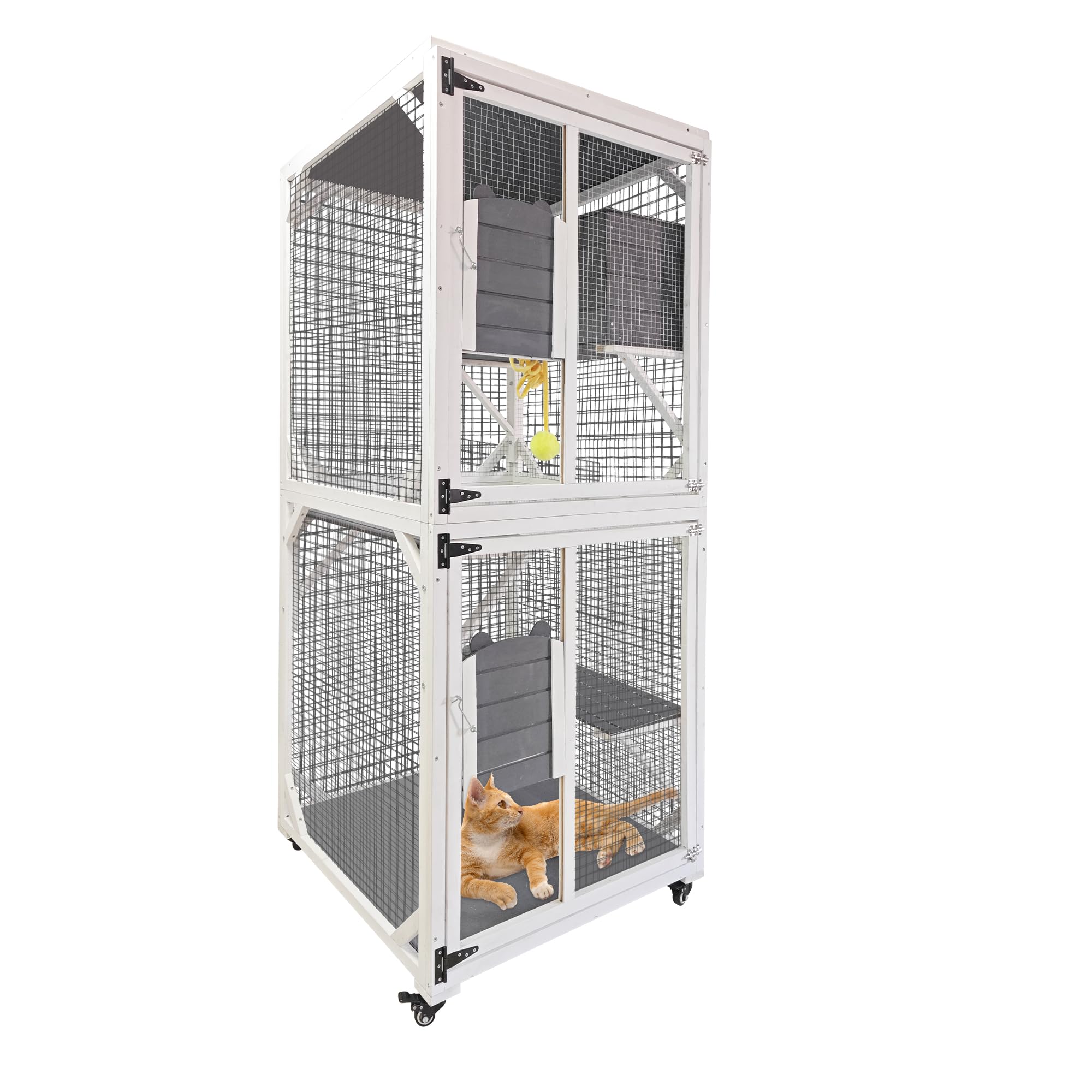 boknight Cat House, Outdoor Catio with Play Toy Ball, Weatherproof Large Cat Cage with Movalable Wheels&Brake, Wide Opening Easy Clean Wooden Cat Condos (29.1”x30.7”x71”)