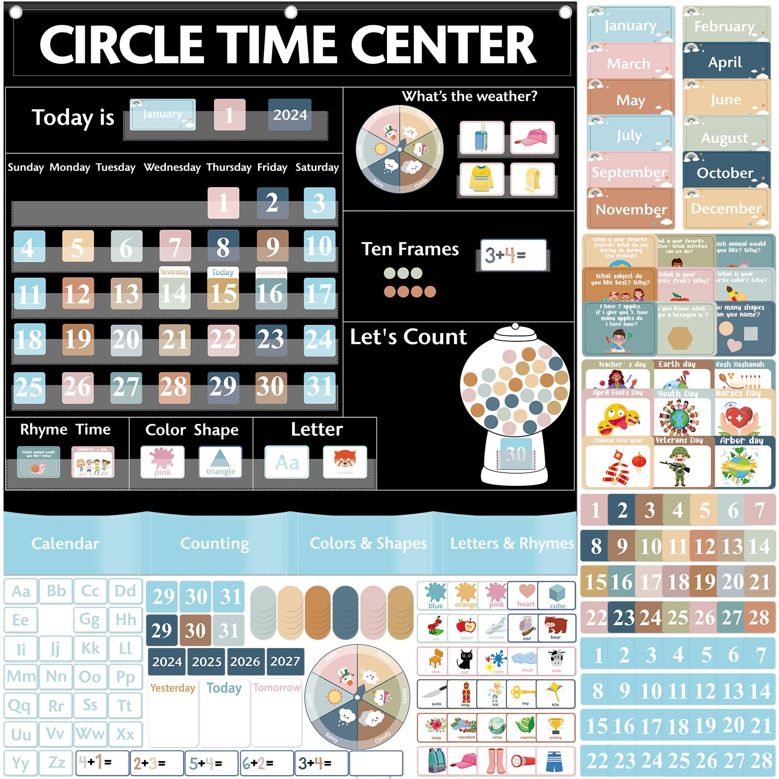 357 Pcs Circle Time Center Pocket Chart Boho Classroom Circle Time Calendar Weather Color Counting Calendar Learning Activities Educational Materials for Kids Toddler Home School Decoration Supplies