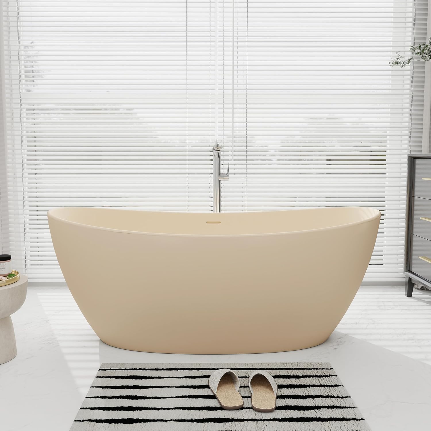 SJ STAR&JANE 65" Solid Surface Freestanding Bathtub Stone Resin Soaking Tub Milk Coffee Double Slippers Stand Alone Oval Tub with Pop-up Drain and Overflow for Bathroom