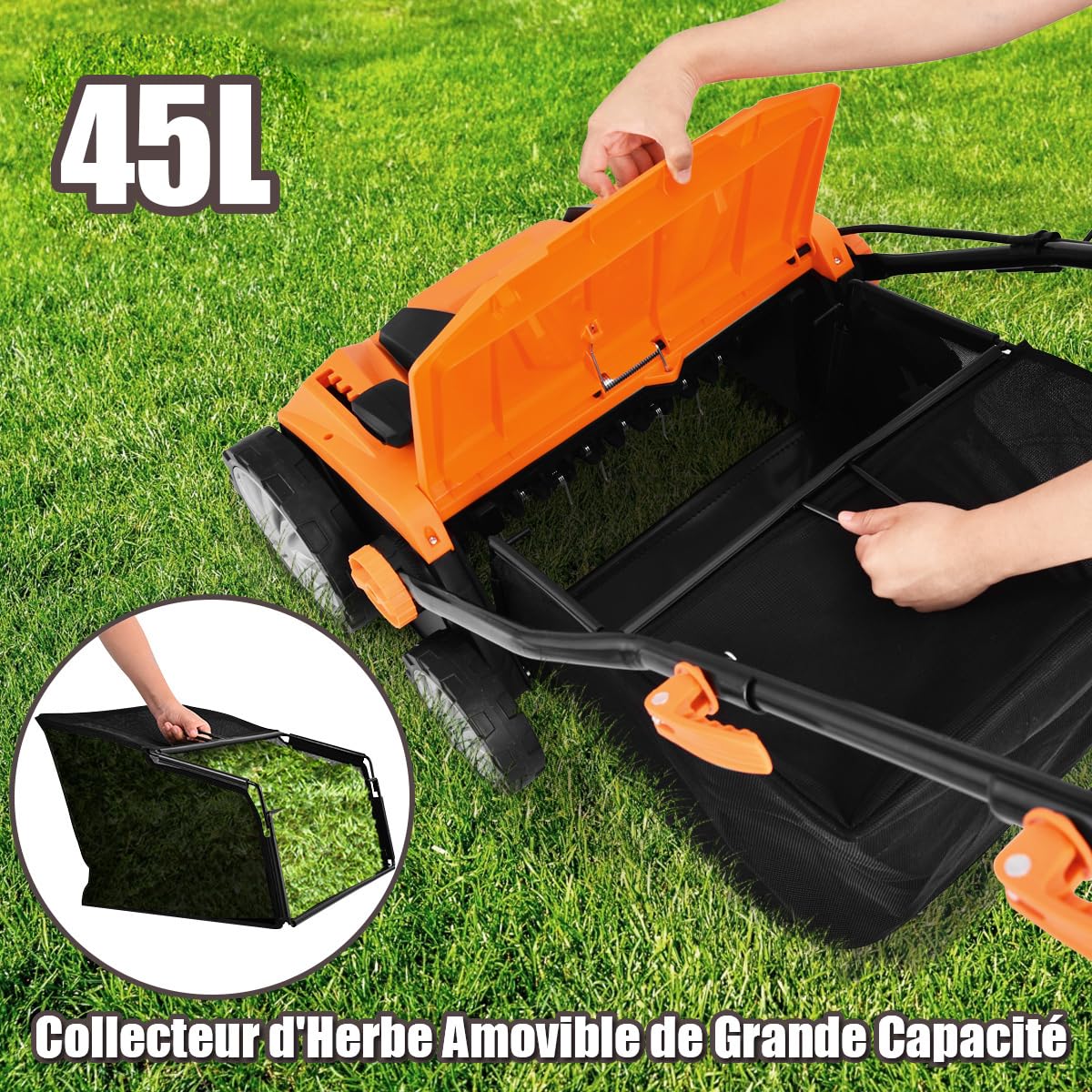 RELAX4LIFE Scarificateur Aérateur Électrique 1800W jusqu'à 350m² avec Bac de Ramassage 45L, Profondeur&Hauteur Réglable,Verrou de sécurité pour Gazon Sol (Orange, 45L-1800W)