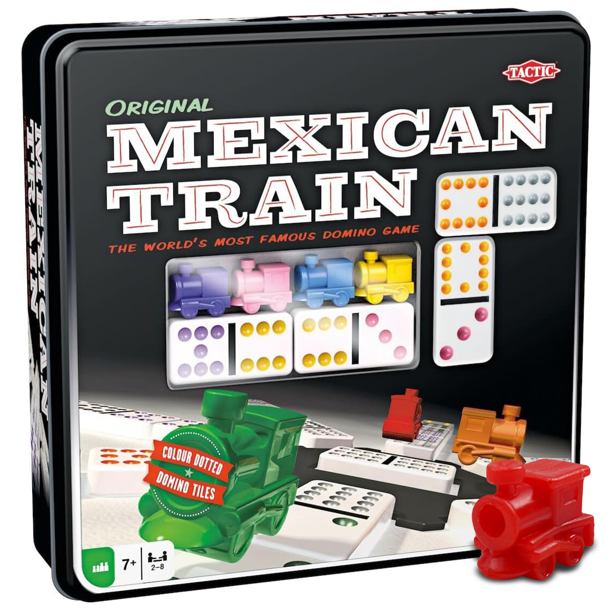Tactic Mexican Train Domino Spiel - 2–8 Spieler - Kinder und Erwachsene - perfekt für Spieleabende und die Gemeinschaft - Dominosteine ​​und lustige Eisenbahnfiguren