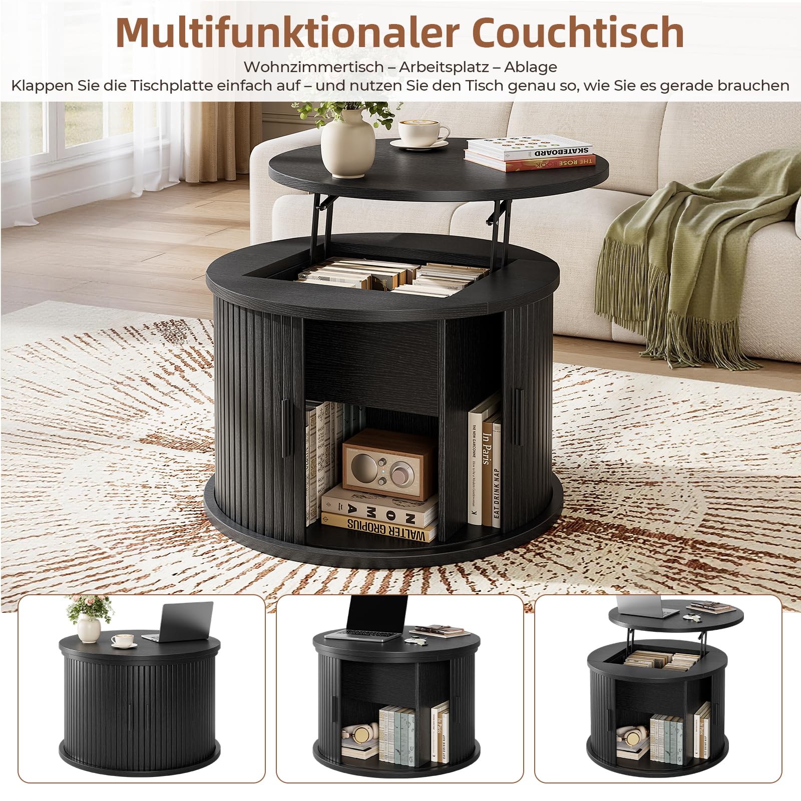 60cm Rund Couchtisch, Höhenverstellbar Wohnzimmertisch mit Verstecktem Stauraum & Hebeplatte, Moderne Hölzerne Akzent Mitte Tisch, Kaffeetisch, Sofa Beistelltisch für Wohnzimmer, Schwarz