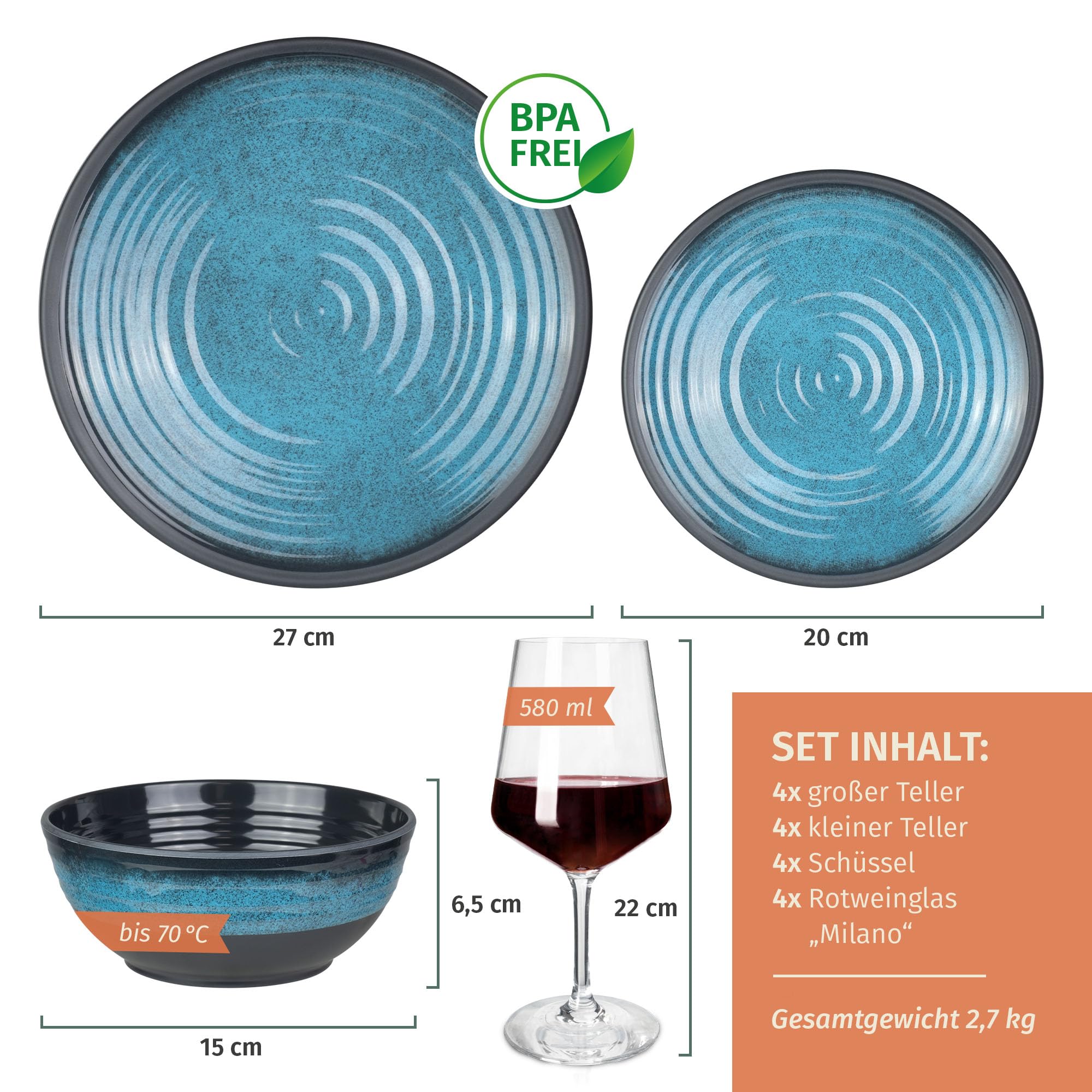 Melamina zestaw naczyń kempingowych dla 4 osób, Stone Blue + 4 kieliszki do czerwonego wina Milano, kieliszki do wina, naczynia stołowe, piknikowe naczynia do grillowania