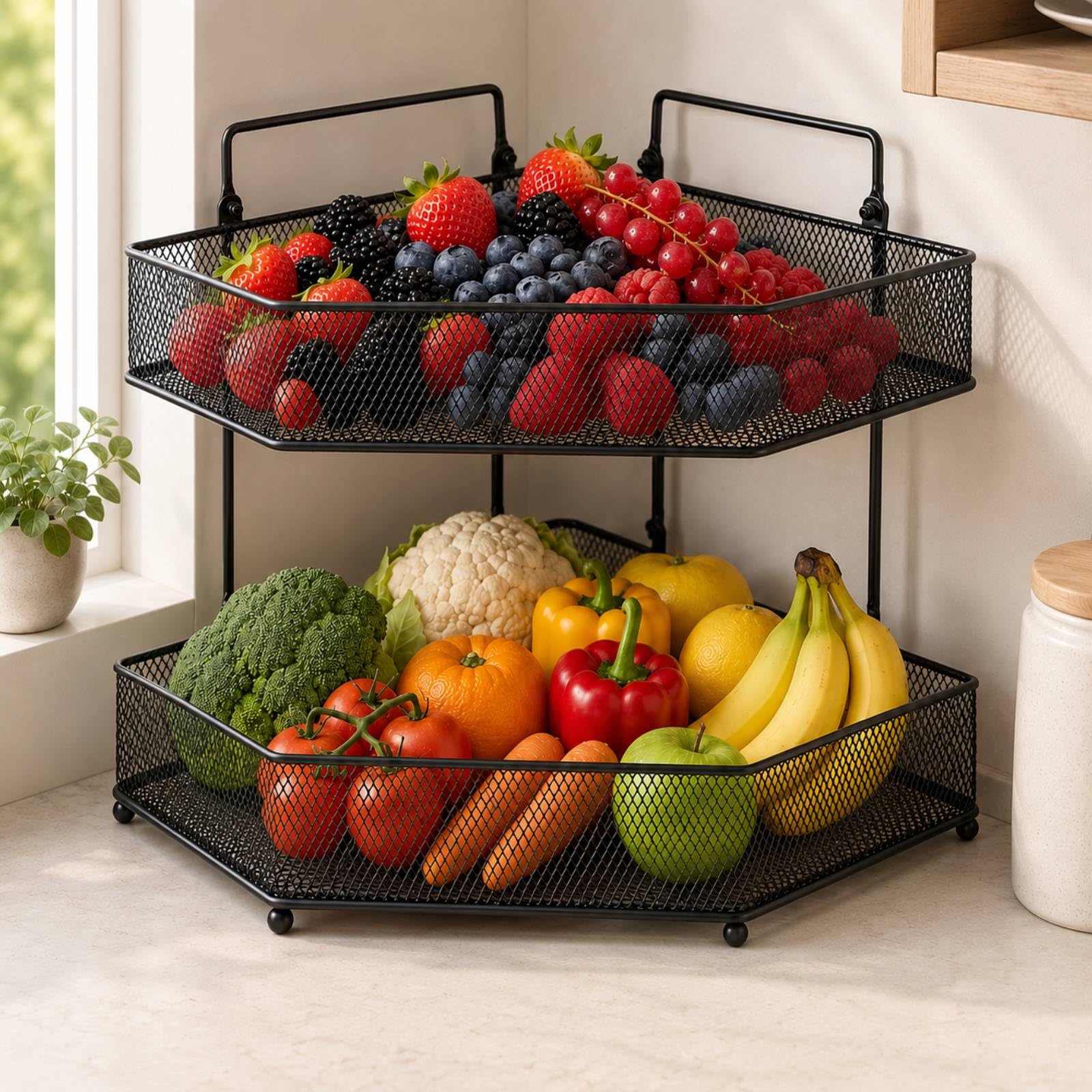 Tudomro Cesto per frutta angolare a 2 ripiani in rete metallica, con manici per il trasporto, grande capacità, cestelli a rete fine, per controsoffitto nero, organizer per la conservazione di frutta e