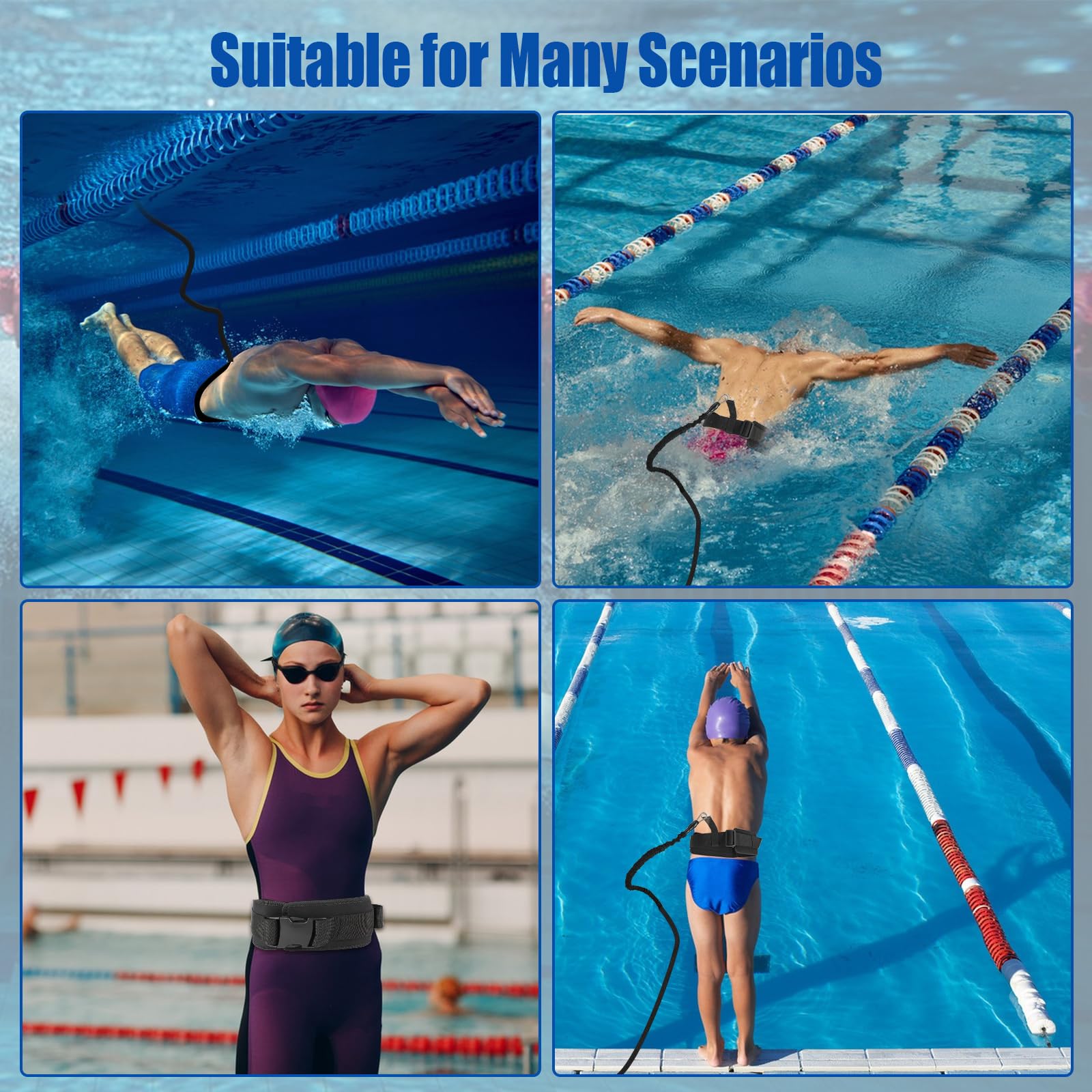 Ceinture d'entraînement de natation de 2,5 à 7,5 m, sangles élastiques de natation avec ceinture réglable et harnais stationnaire, aides à la natation pour adultes et enfants