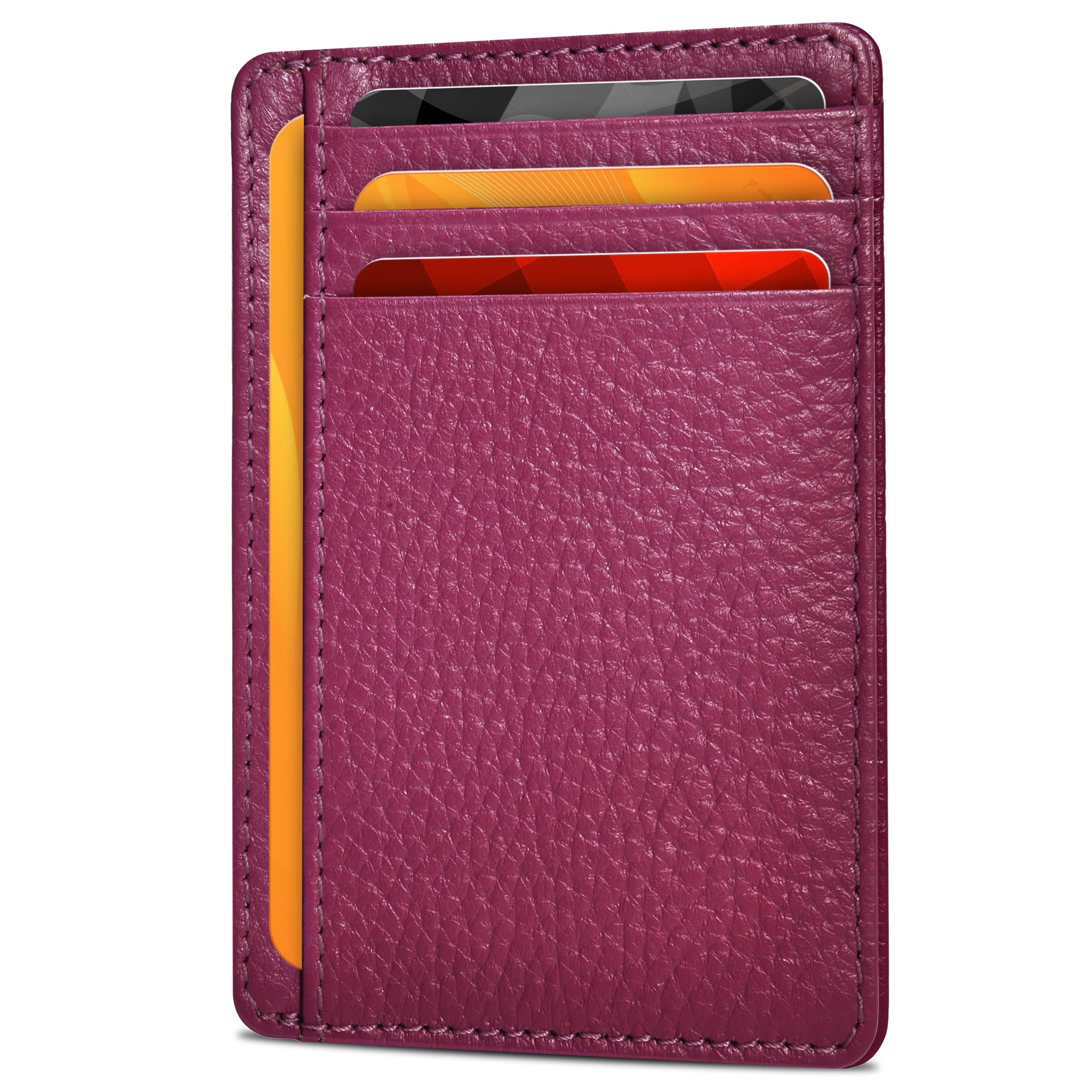 Leather Minimalist Wallet for Men & Women RFID Front Pocket Leather Card Holder Wallets, Dark Pink, Small, Minimalist