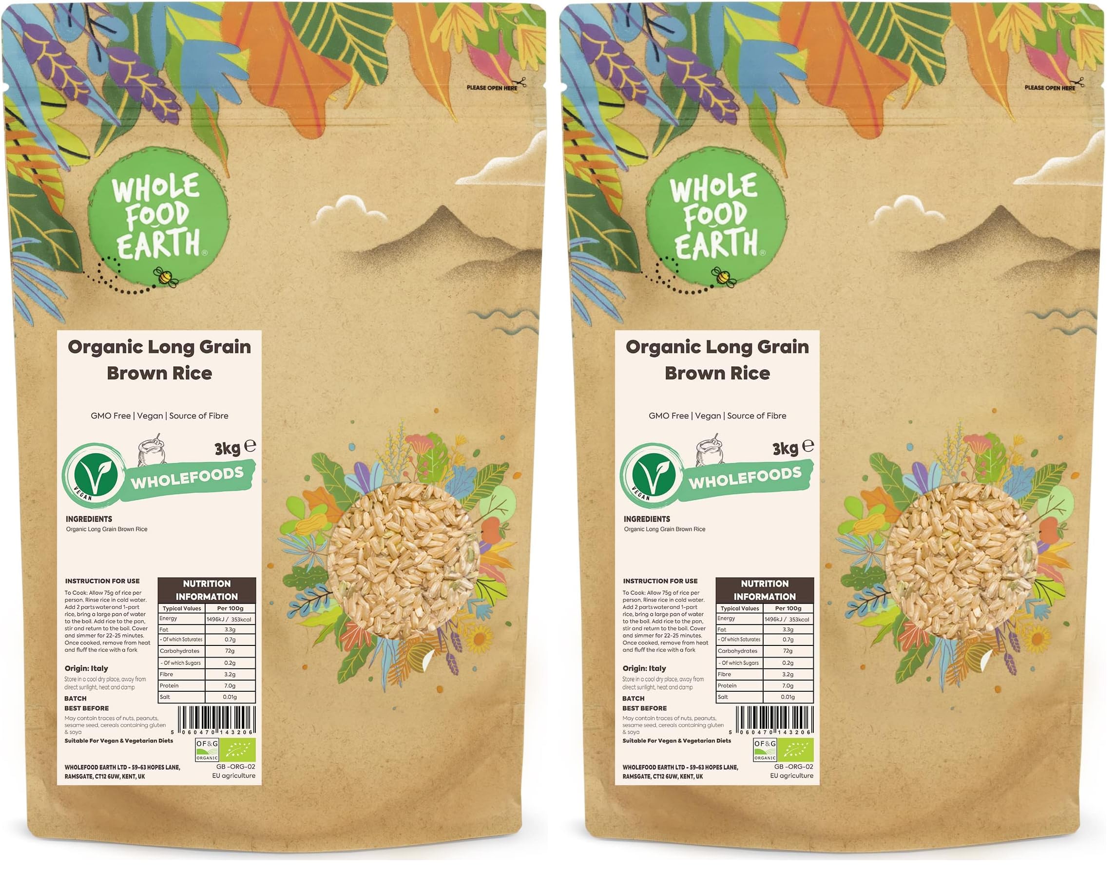 Wholefood Earth Bio-Langkorn-Naturreis 3 kg gentechnikfrei Vegan Faserquelle Aus kontrolliert biologischem Anbau (Packung mit 2)