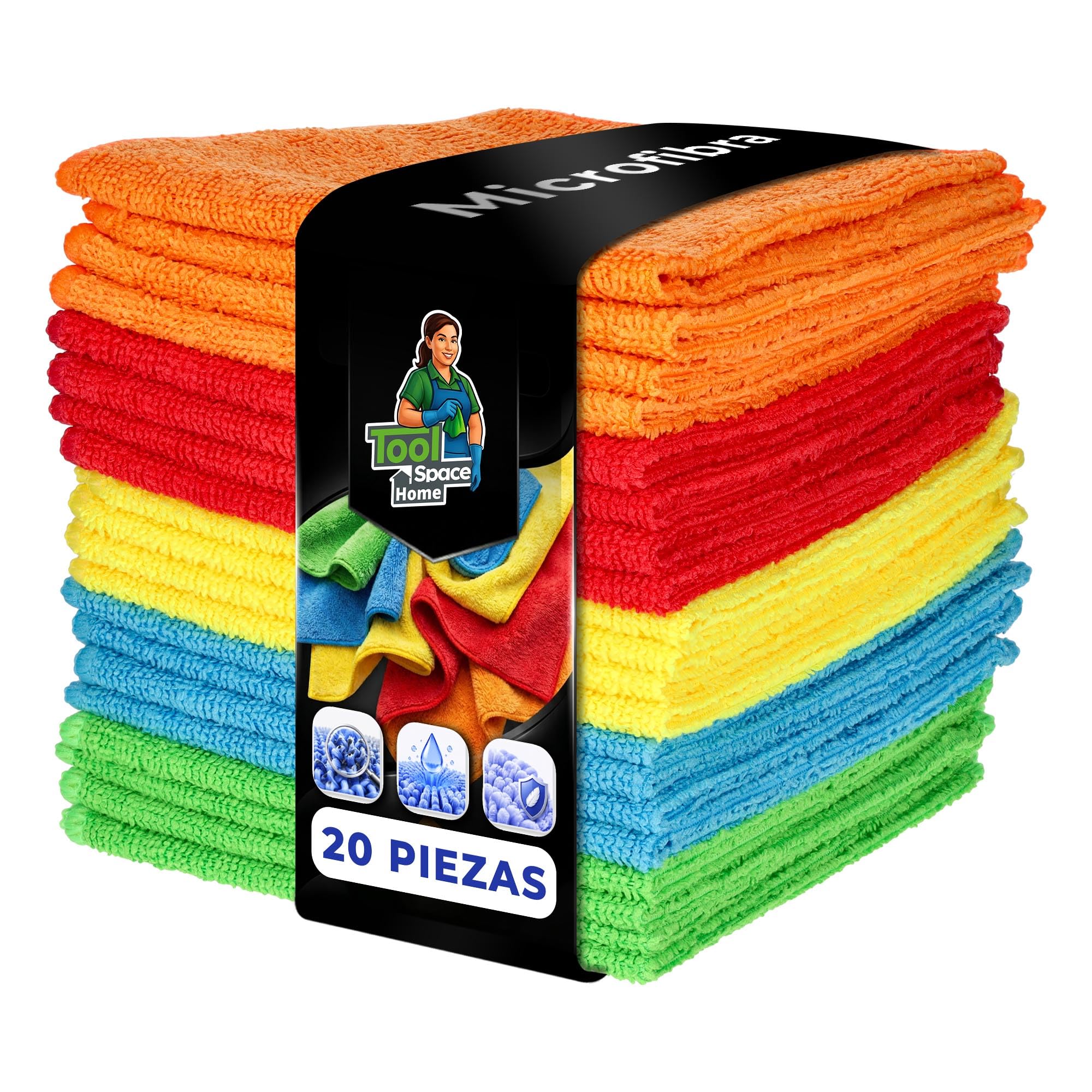 ToolSpace Paños de Microfibra 30x30 cm 20 Unidades 240 gsm para Coche Cocina Baño Cristales Espejos Muebles Suaves Absorbentes Reutilizables Sin Rayas Microfibra 80/20 Multicolor Limpieza Hogar