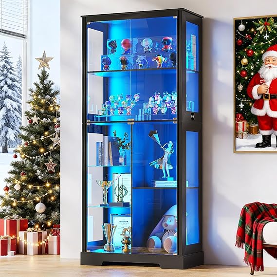 Lvifur 71” Display Cabinet with Glass Doors, Modern Curio Cabinet with 3 Color Lights, 7-Tiers Glass Display Cases for Collectibles, Tall Lego Storage Cabinet with Human Body Sensor (Black)