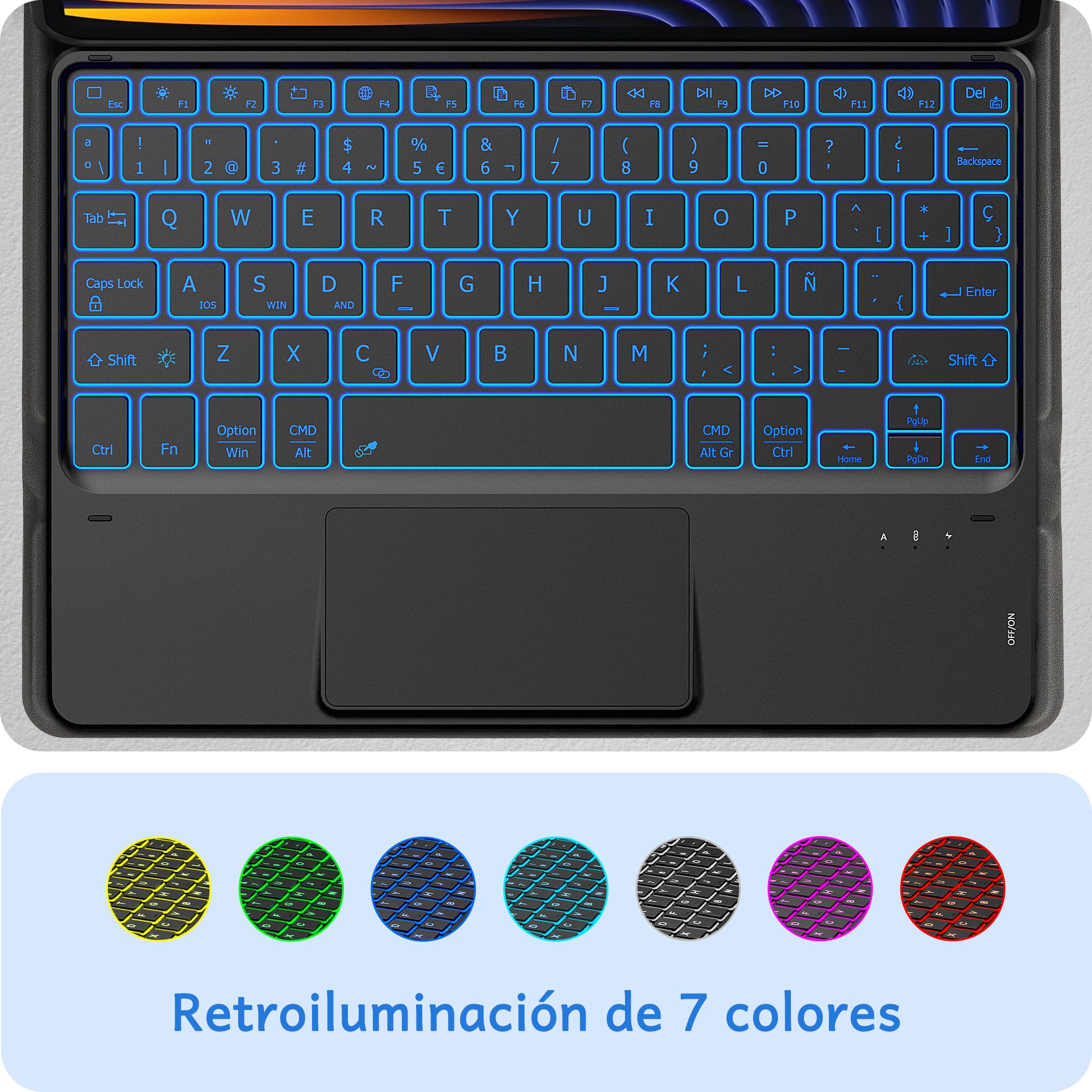 CACOE Funda Teclado Compatible con Xiaomi Mi Pad 7/ Mi Pad 7 Pro (11.2 Pulgadas, 2025) con Touchpad, [Español] Iluminación de 7 Colores Teclado Inalámbrico Desmontable, Negro