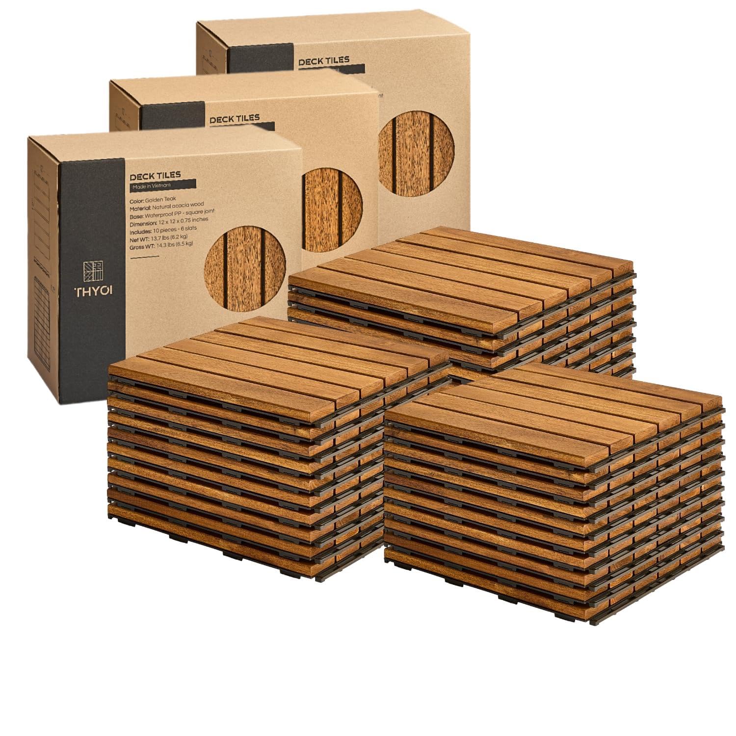 Deck Tiles, Patio Flooring - Outdoor Waterproof Acacia Wood Tiles for All Weather Use - Balcony, Backyard, Indoor & Outdoor (Golden Teak Striped Pattern, 30 Pcs - 30 Square Ft)