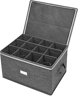 Stemware Storage Cases, Wine Glass Storage Box Containers for Glassware or Crystal, Holds 12 Red or White Wine Glasses, Hard Top and Sides (Grey)