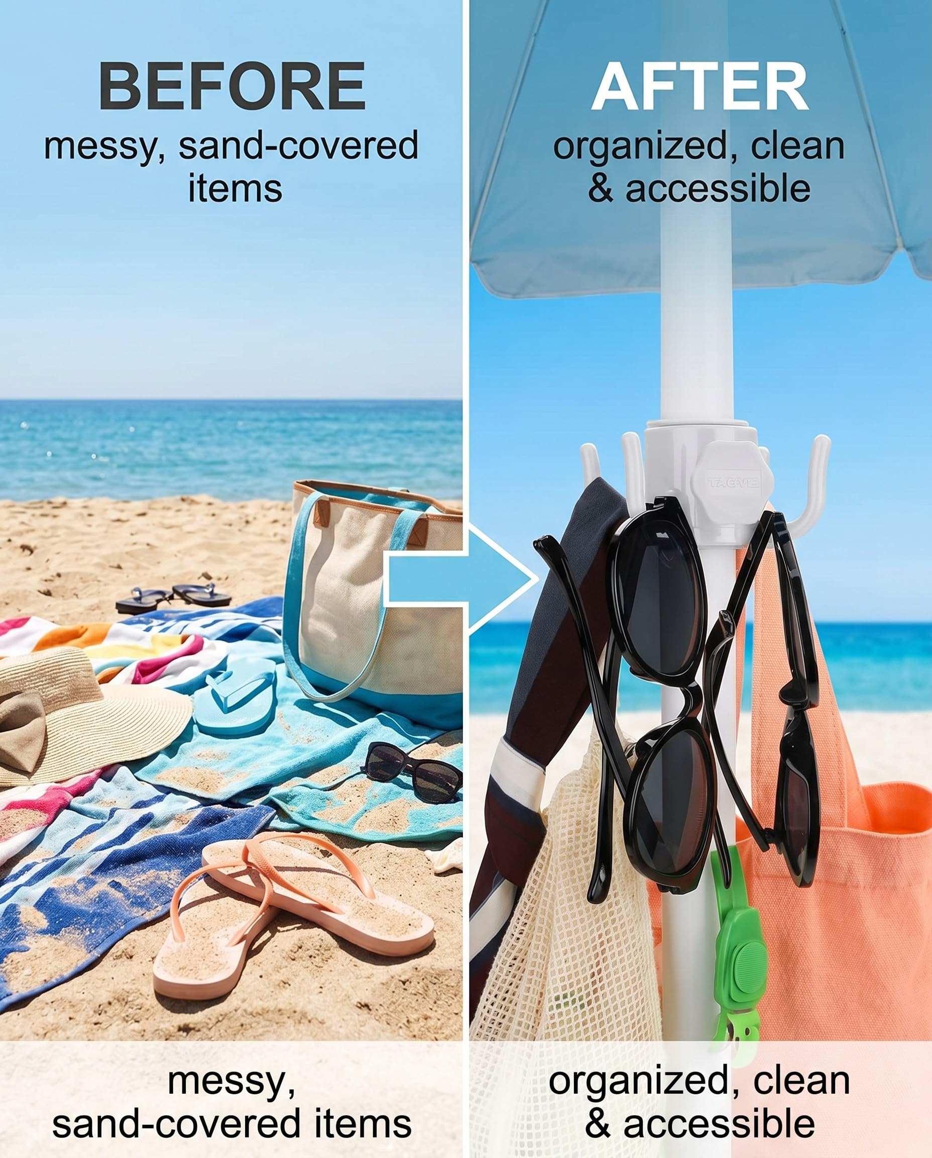 2 Pezzi Ganci Ombrellone Spiaggia, Bianco – 4 Punte per Asta Centrale, Organizza Asciugamani & Borse, Anti-Sabbia per Mare & Campeggio