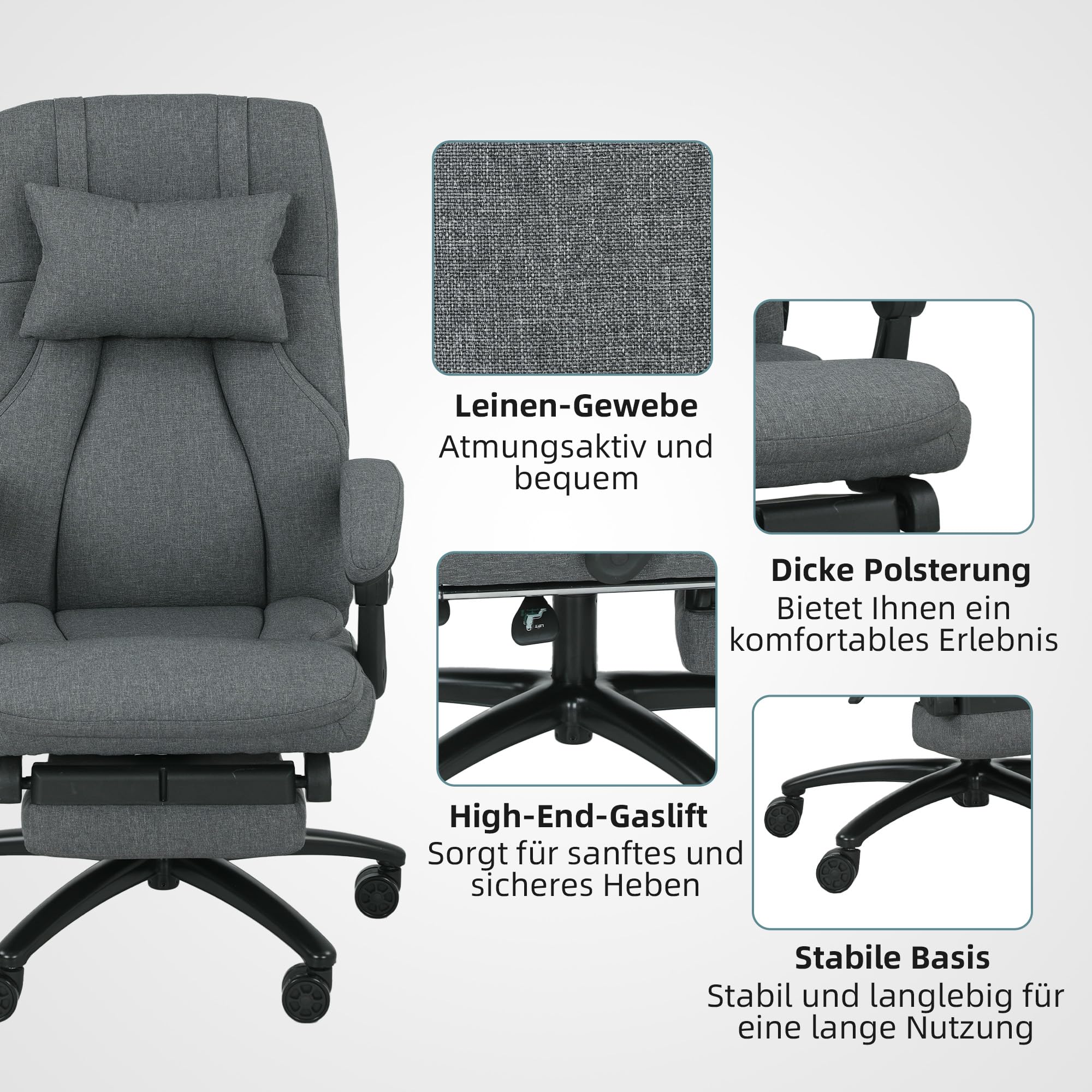 Vinsetto Bürostuhl mit Massagefunktion Ergonomischer Chefsessel mit Liegefunktion, Fußstütze Höhenverstellbar 360° Drehbar Schreibtischstuhl mit Kopfstütze, USB-Schnittstelle, Leinenoptik, Dunkelgrau