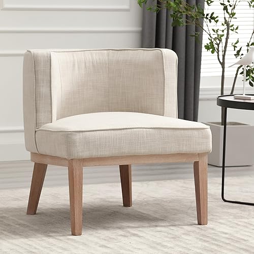 Miniatura 17 de Sillas decorativas de barril, sillas decorativas de lino, sillas laterales modernas tapizadas para sofá individual con patas de madera, cómodas