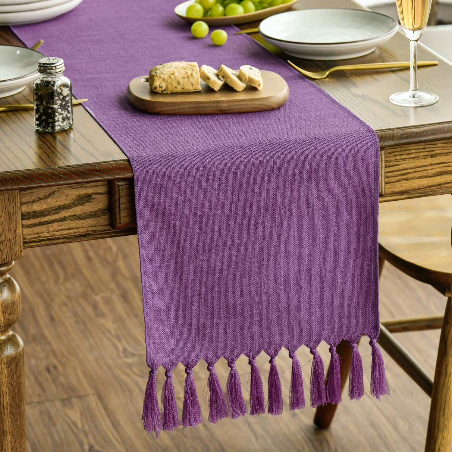 Artoid Mode Lilac Purple Tassel Table Runner, Mardi Gras Linen Blend Rustic Farmhouse Style Kitchen Table Decoration Holiday Wedding Party Dinning Decor 13x72 Inch
