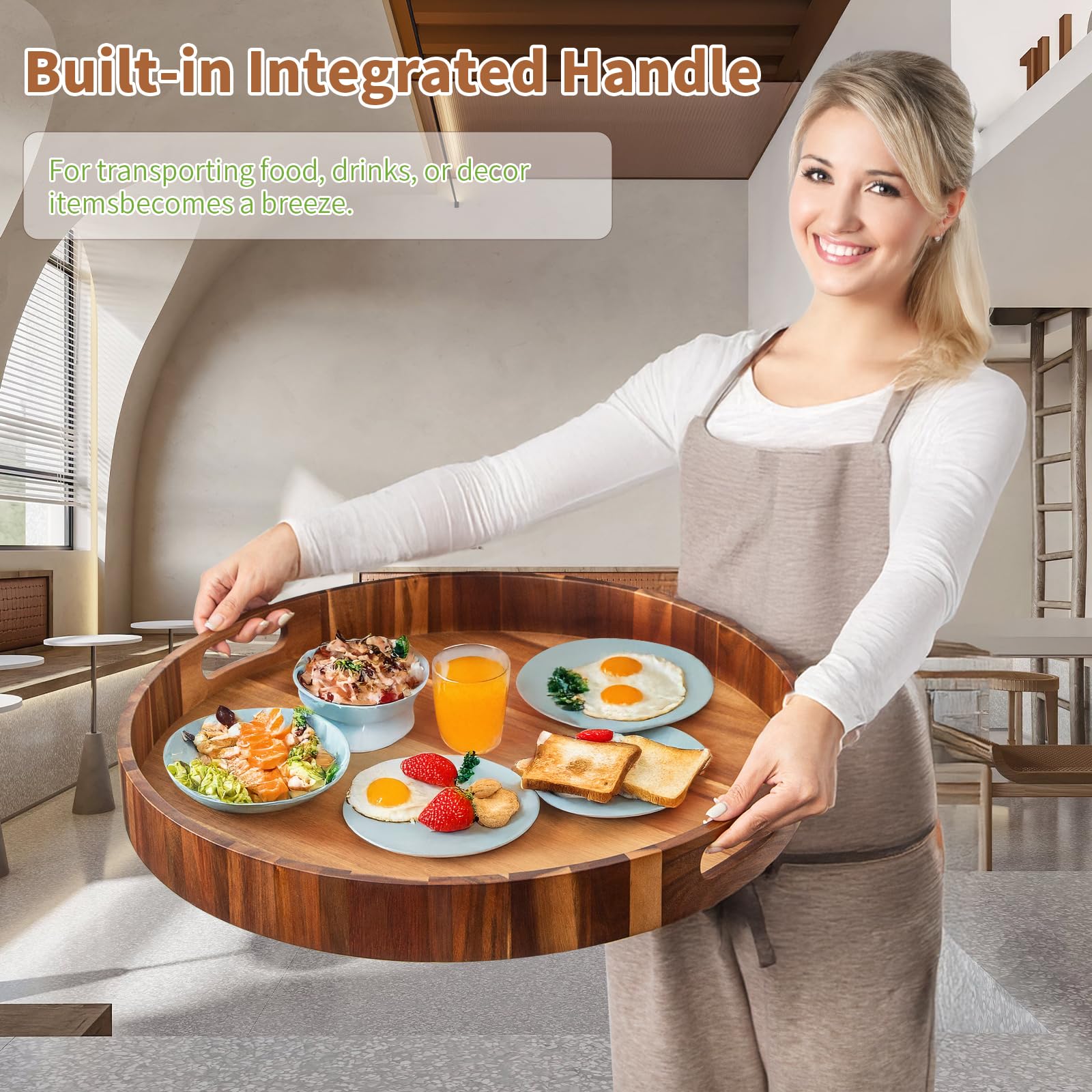 GinSent Vassoio da portata rotondo extra large da 55 cm, con manici, vassoio decorativo in legno ottomano per soggiorno, vassoio a prova di perdite per colazione, caffè, tè (acacia)