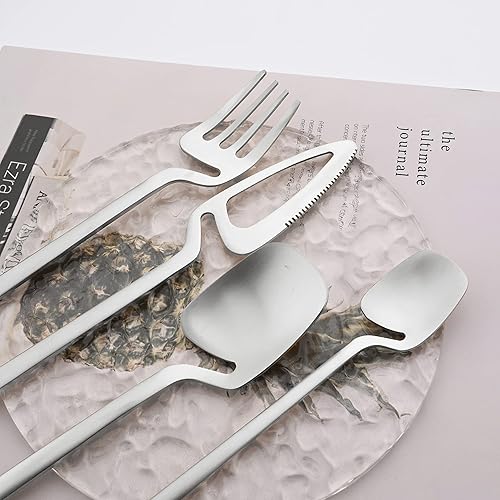 Miniatura 4 de Juego de cubiertos de plata cepillada para 8, juego de cubiertos mate de 32 piezas con asas de colores, juego de vajilla de acero inoxidable 1810,