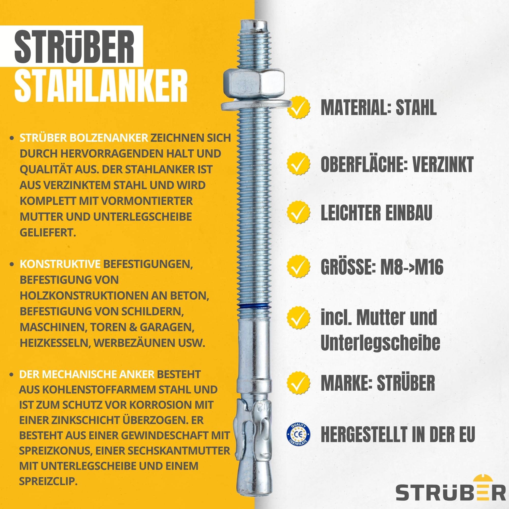 STRÜBER Ancrage galvanisé pour charges lourdes (M10 x 120 mm / 50 pièces) - Boulons d'ancrage de qualité industrielle - Chevilles d'ancrage - Ancrages en acier