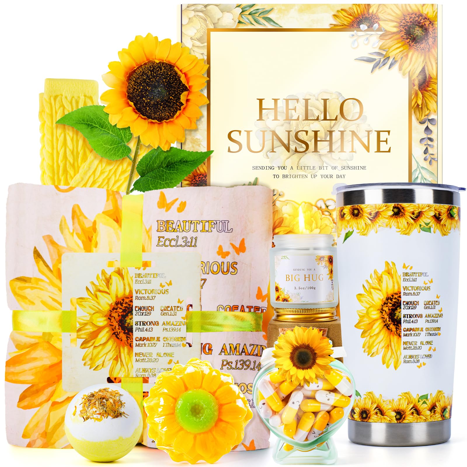 Sunflower Gifts for Women, Box of Sunshine Care Package for Women, Get Well Soon Gifts, Unique Birthday Gifts Box Holiday Gifts Basket with Inspirational Blanket Candle for Women Mom Wife Sister