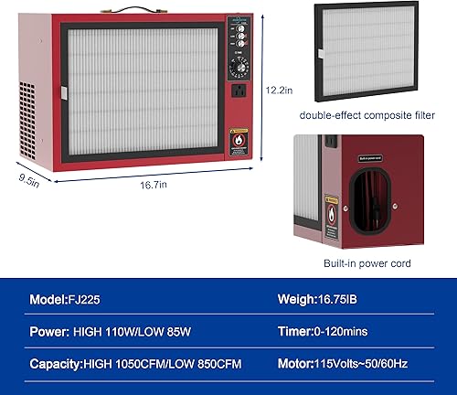 Miniatura 2 de OUKEETO Sistema portátil de filtración de aire de admisión colectores de polvo de mesa (850-1050CFM) para carpintería, filtro de aire móvil con