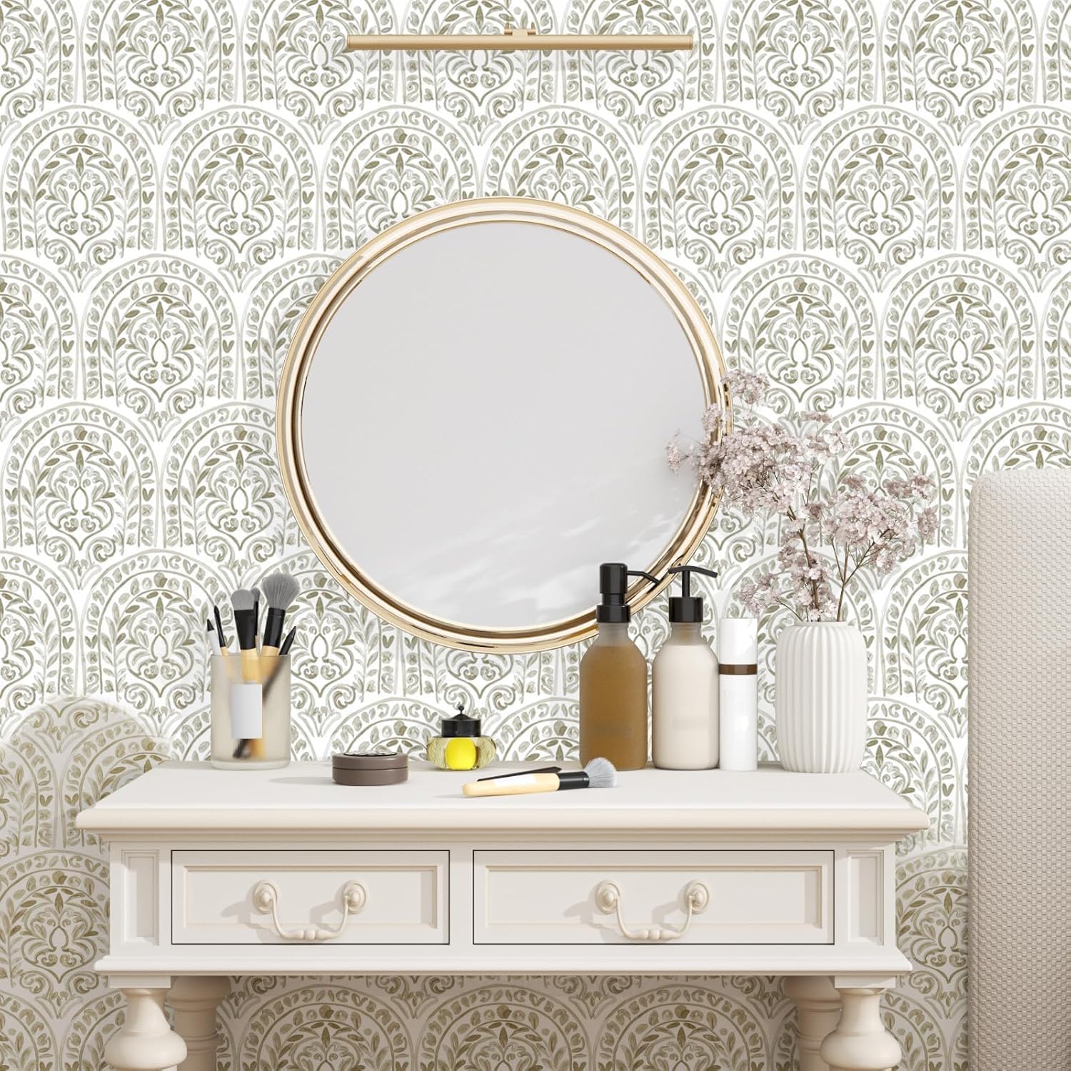 White Floral Peel and Stick Wallpaper Boho Vintage Wall Paper 17.5” x 394” Removable Waterproof Self Adhesive Modern Contact Paper for Bathroom Bedroom Kitchen Cabinet Drawer