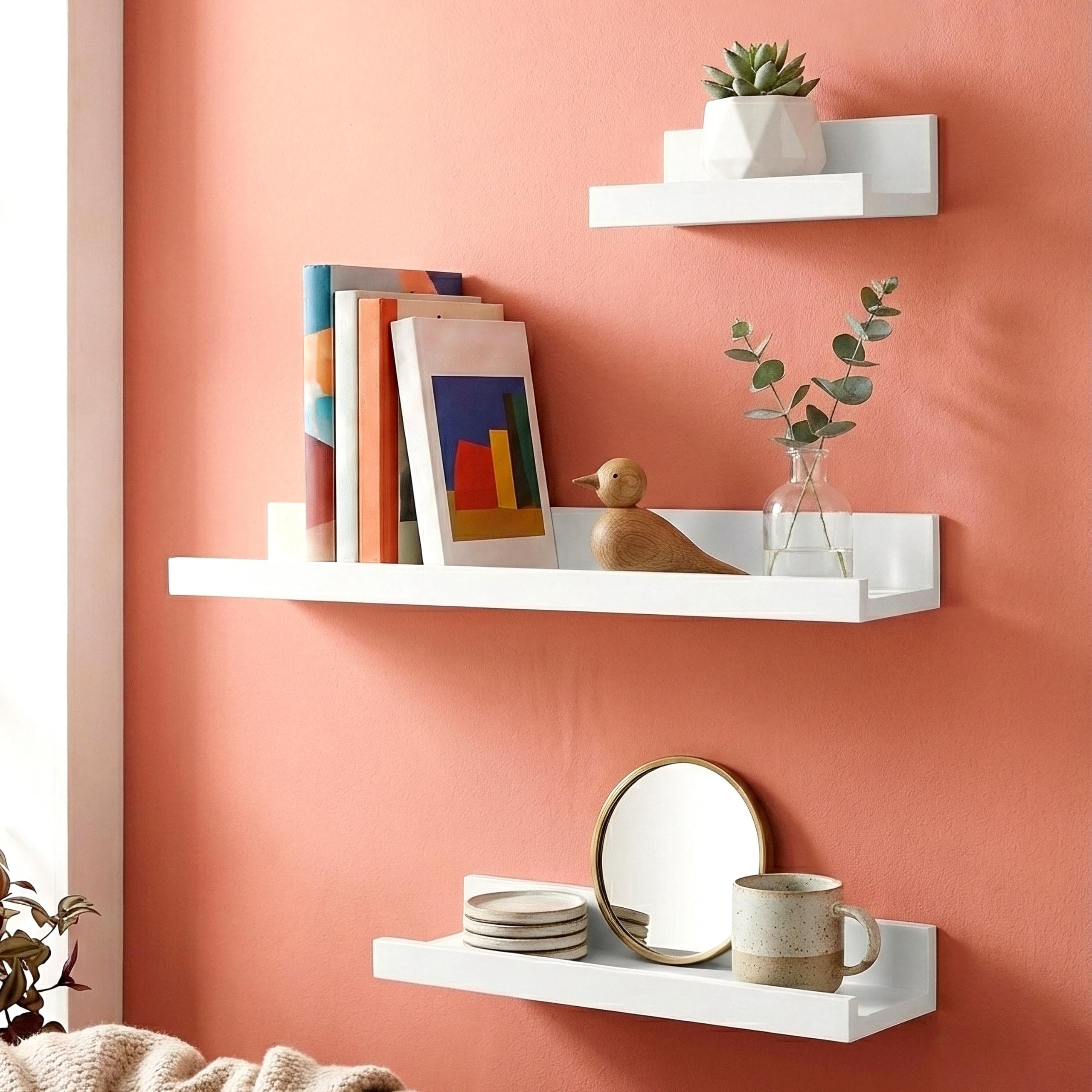 GEEZY White Floating Shelves for Wall, Set of 3 - Modern Seamless Mounting, Easy Install Picture Ledge Display Shelf for Decor, Collectibles - Home, Bedroom, Bathroom, Office