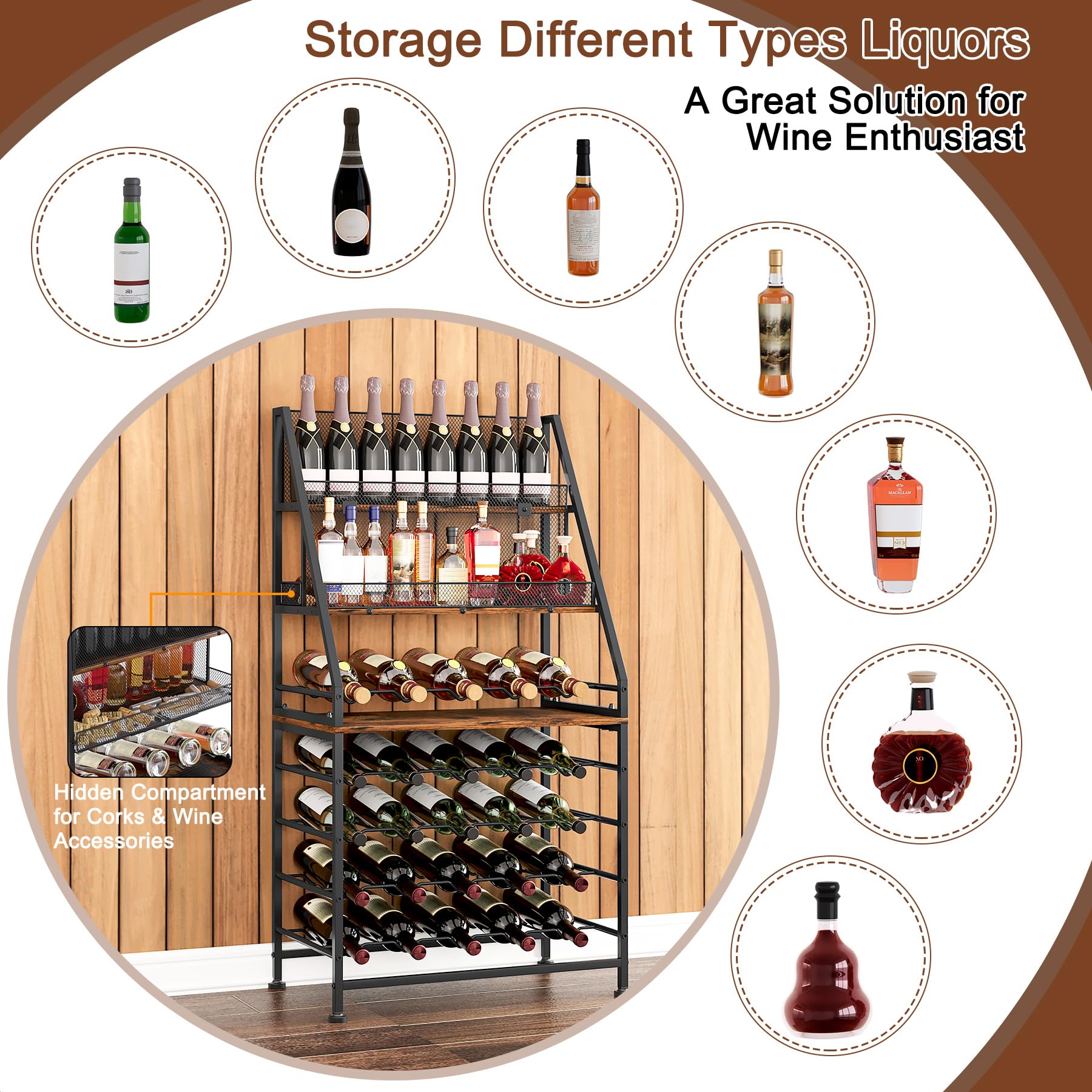 TQVAI Estantes Independientes para Vino Estante de Madera para 40 Botellas Estante de Almacenamiento para Organizar el Armario del Bar Doméstico, Negro/Antiguo