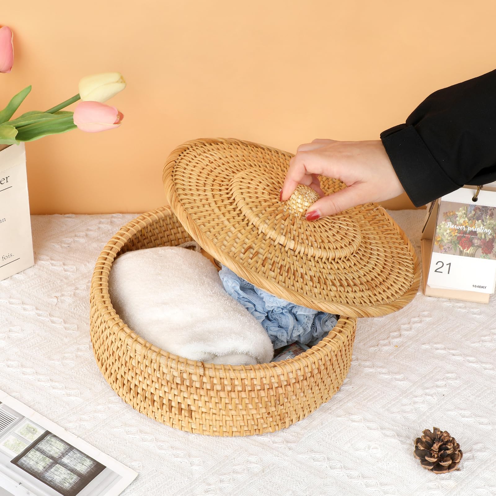 SUMTree Rattankorb Aufbewahrungskorb mit Deckel Dekorative Box Organizer für Regal, Haus, Küche (rund, 26 x 9 cm)