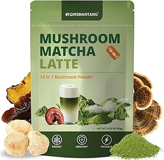Mushroom Matcha Latte, Ceremonial Matcha Green Tea Powder with 14 Mushrooms, Probiotics and MCT Powder | Lion's Mane, Reishi & Chaga | Instant Latte Mix, Non-GMO, Vegan & Sugar-Free | 6.35 Oz