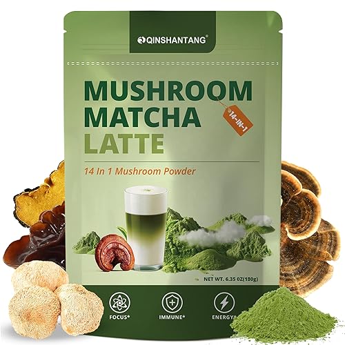 Mushroom Matcha Latte, té verde matcha ceremonial en polvo con 14 hongos, probióticos y polvo MCT, melena de león, reishi y chaga Mezcla