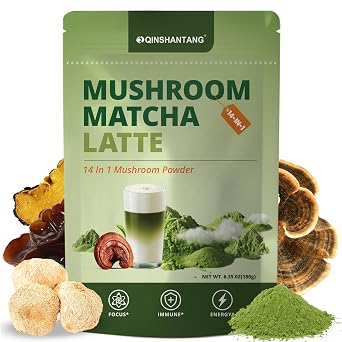 Mushroom Matcha Latte, Ceremonial Matcha Green Tea Powder with 14 Mushrooms, Probiotics and MCT Powder | Lions Mane, Reishi & Chaga | Instant Latte Mix, Non-GMO, Vegan & Sugar-Free | 6.35 Oz