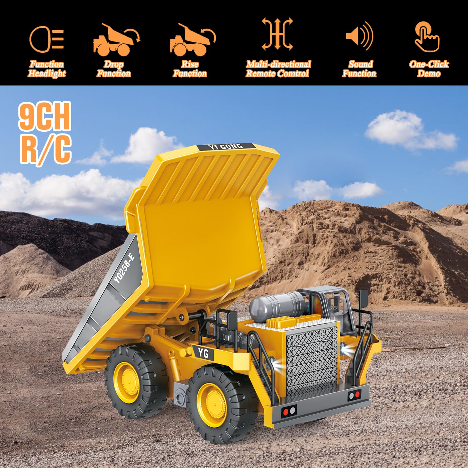 Bulldozer telecomandato, 9 canali, con luce e suono, giocattolo Bulldozer telecomandato da 2,4 GHz, adatto per ragazzi di età compresa tra 3 e 9 anni e oltre