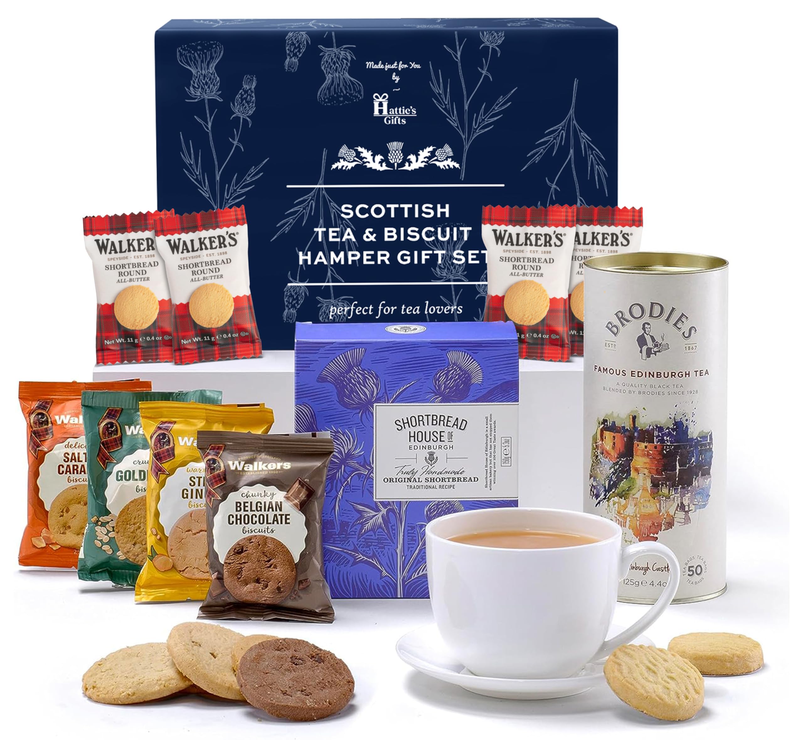 Hattie’s Gifts Scottish Tea & Biscuits Gift Set - Afternoon Tea and Shortbread Variety - Artisan Food Gifts for Women and Men - Thank You, Birthday - Scottish Snacks Gift Box