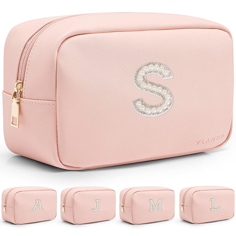 Necessaire de maquiagem VLANDO com patch de letra em pérolas, rosa S