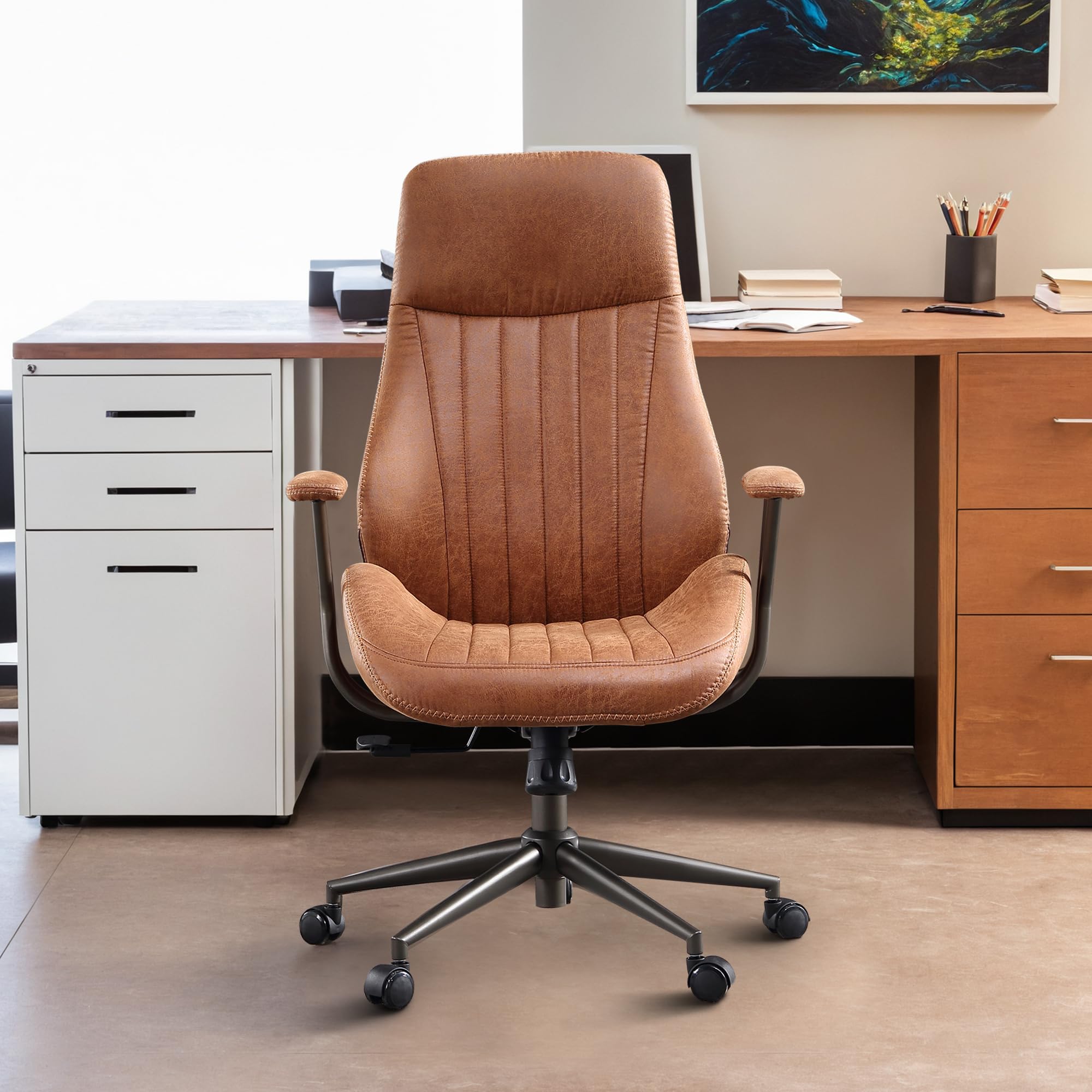 Mid Century Modren Office Chair - Fuax Leather Suede Brown Executive Chairs Ergonomic Mid Back with Lumbar Support, Swivel Computer Desk Task Chair with Wheels for Home Office (Brown, Hign Back)