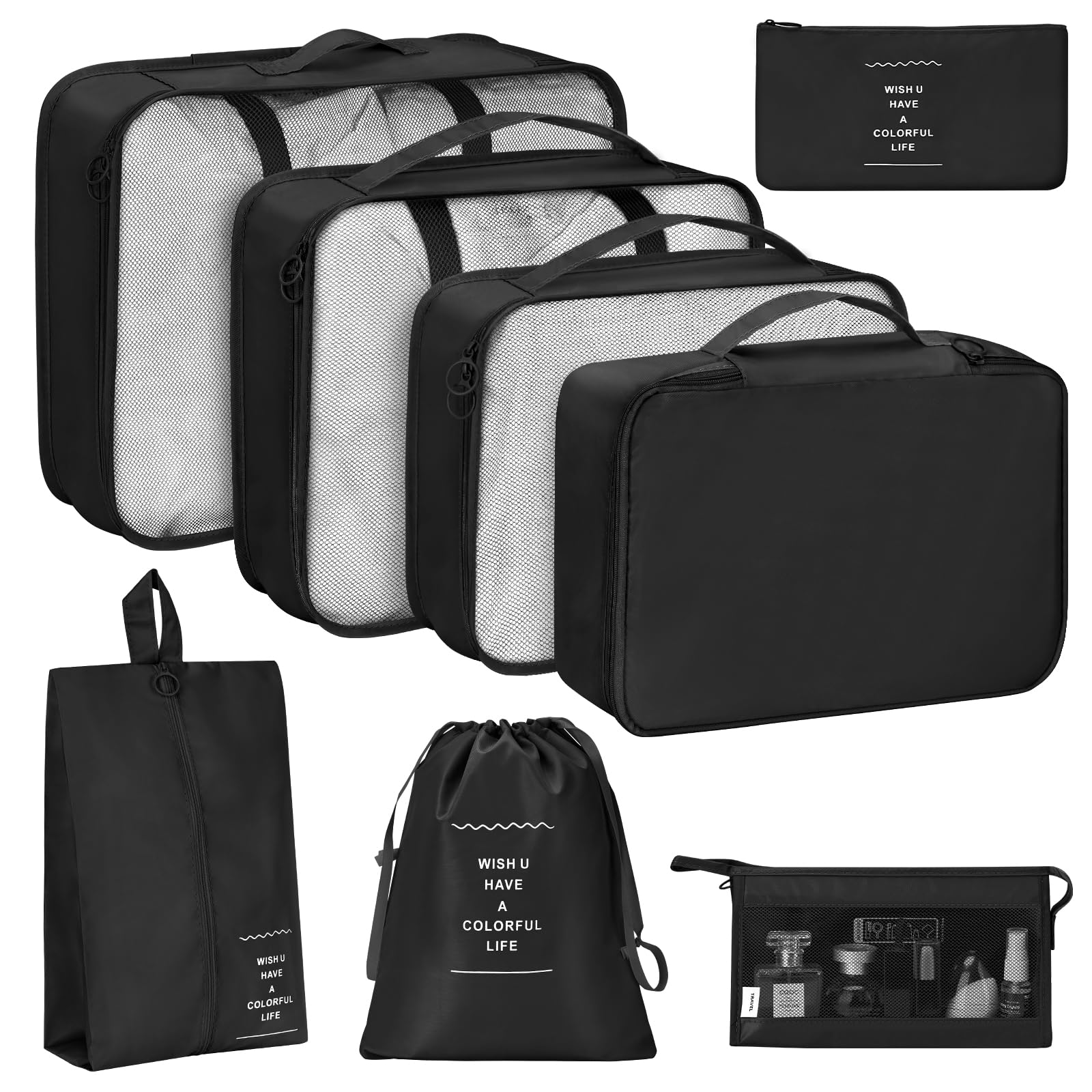 KPXKPX 8 Set Packing Cubes for Travel, Luggage Packing Organizers Accessories Large Toiletries Bag for Clothes Shoes Cosmetics (Black)