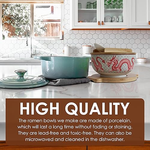 Miniatura 8 de XWORLD Juego de cuencos de cerámica japonesa para fideos ramen con cuchara de cerámica, palillos de bambú, tapa y salvamanteles, capacidad de