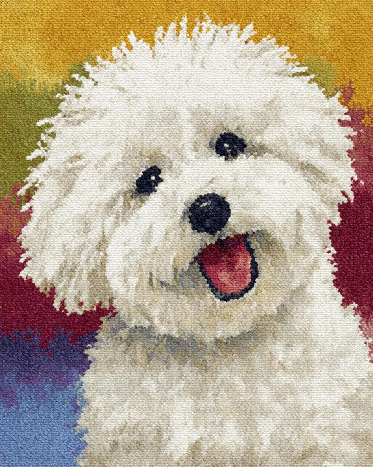 Wallphantom DIY Craft Latch Hook Rug Kits,Happy Bichon Frise,Printed Carpet Crochet Yarn Kits,Handcraft Cushion Crocheting Hook Home Decoration for Family Friends,55x75cm
