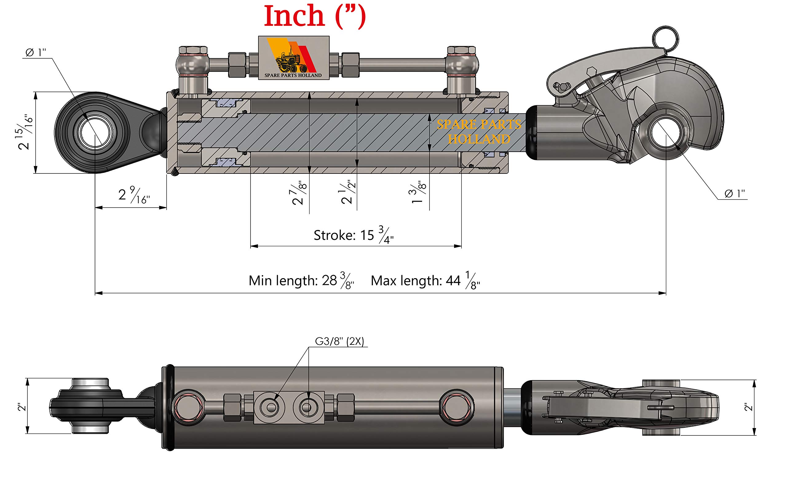 Hydraulischer Oberlenker Kat. 2-2 mit Fanghaken inkl. Sperrblock min. 530→ max. 740 mit 2 x Schläuchen, Hub. 210