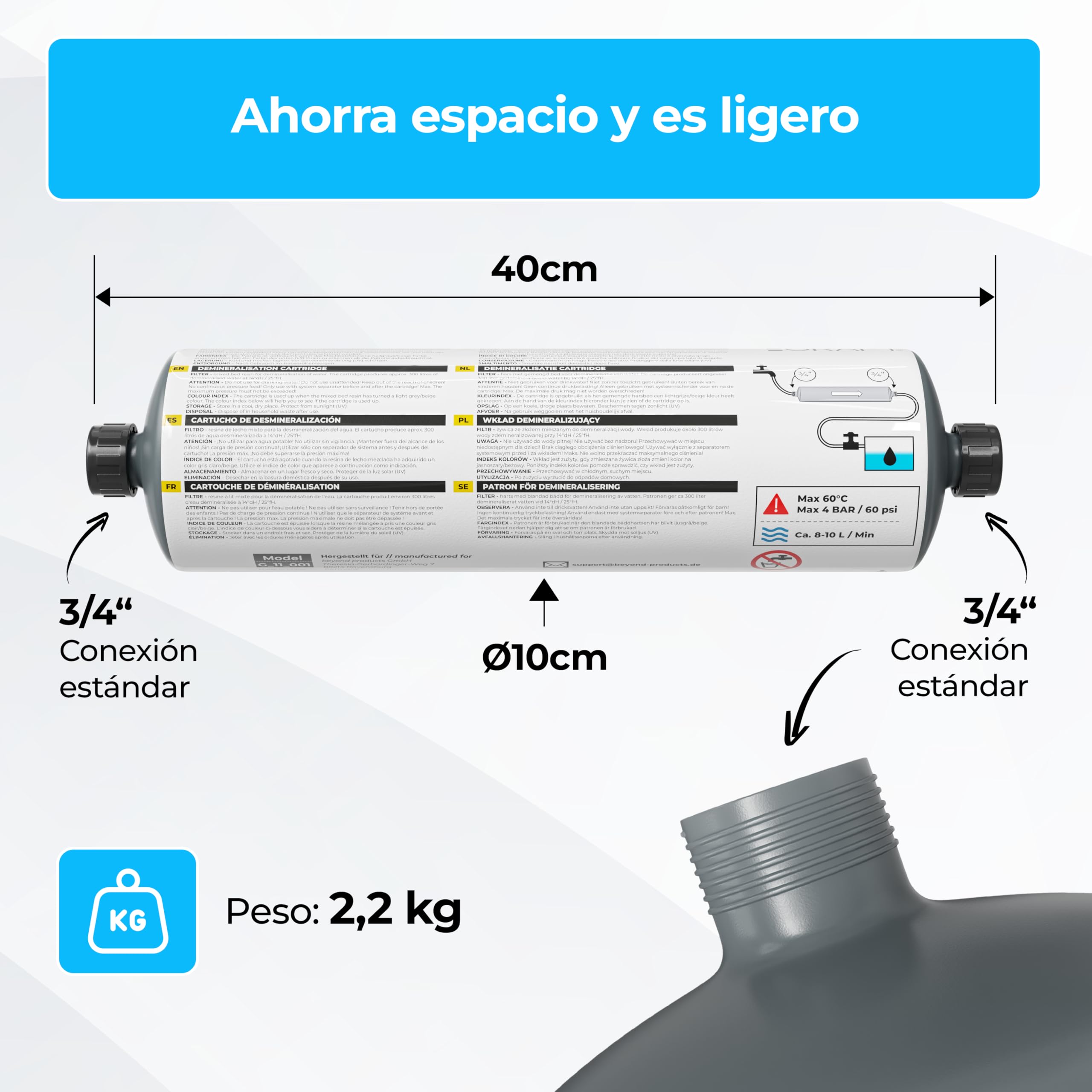 GRAFT cartucho descalcificador | Cartucho de desionización tratamiento agua de calefacción, limpieza de aparatos, cuidado del automóvil | A VDI 2035 | Desmineralización | Descalcificación