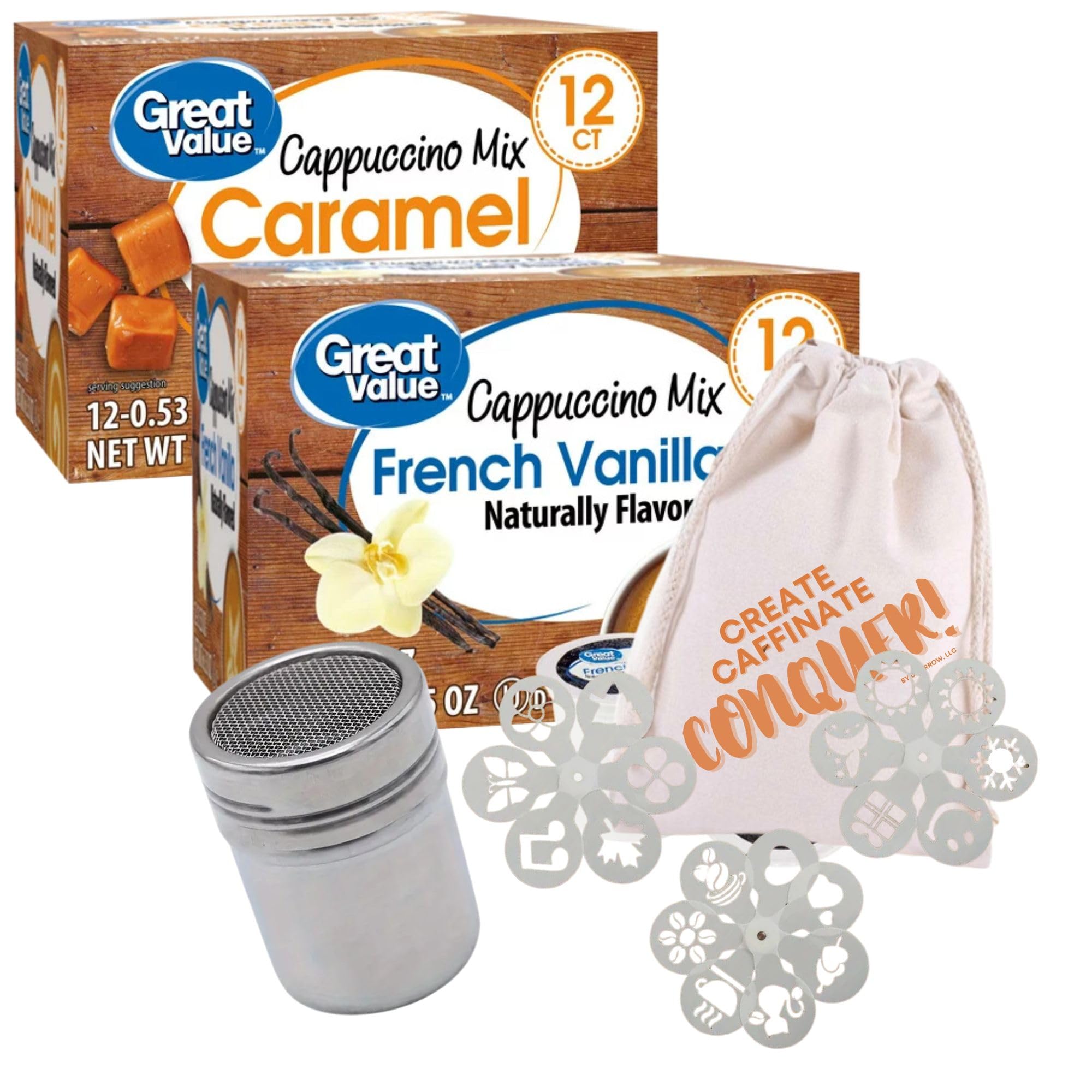Cappuccino K Cups and Coffee Stencils Latte Art Bundle - with Great Value French Vanilla Caramel Cappuccino Mix 24 Count Latte Art Coffee Stencils 16 ct and Sugar Shaker in Drawstring Canvas Bag.