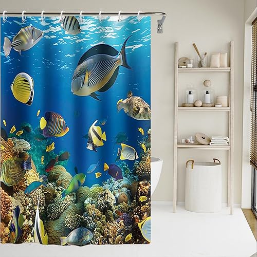 Miniatura 2 de Yeele Cortina de ducha con diseño de pez azul océano, juego de cortina de ducha de animales marinos, juego de cortina de ducha de poliéster