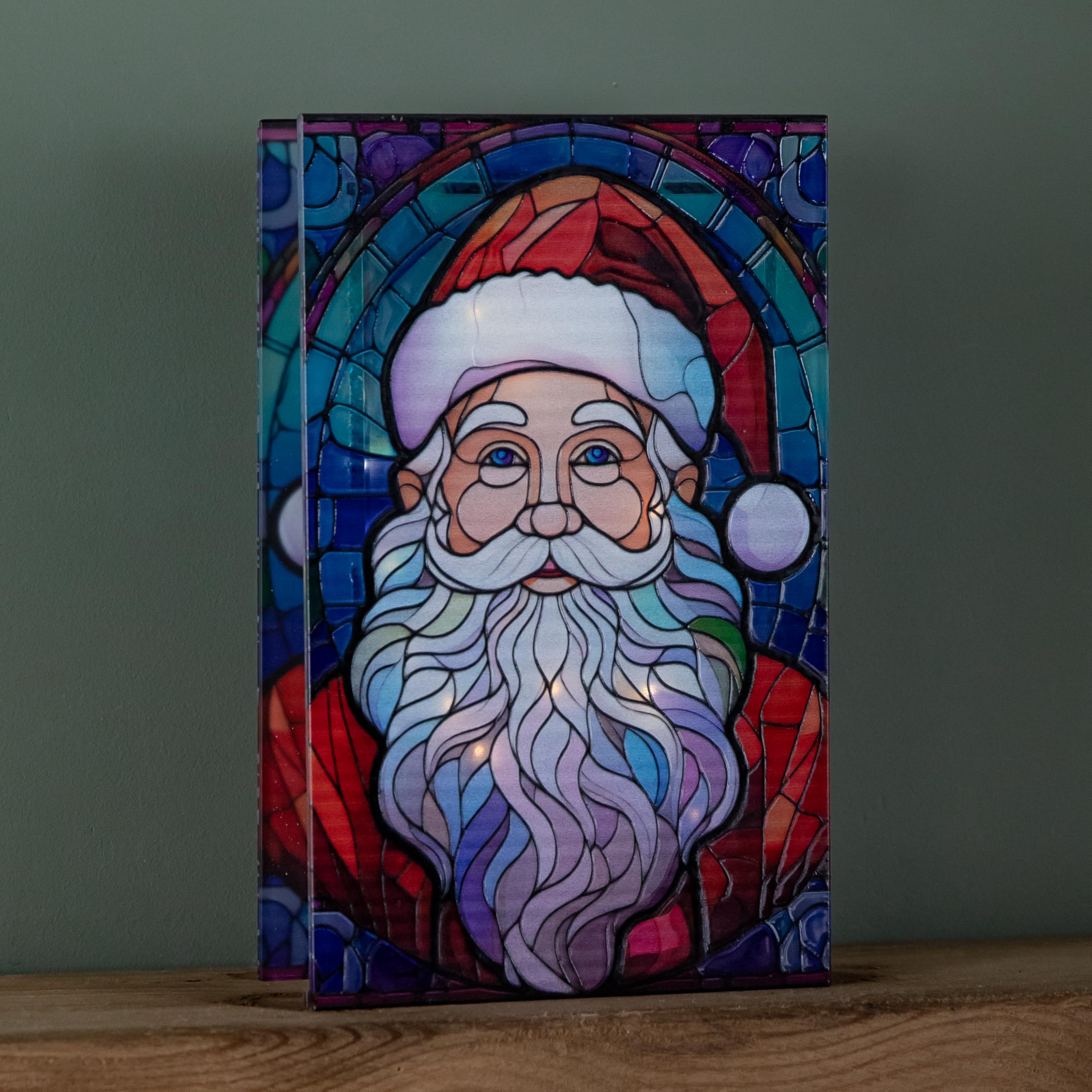 Light/White 21Cm Battery Operated Double Sided Stained Glass Santa Decoration With Leds