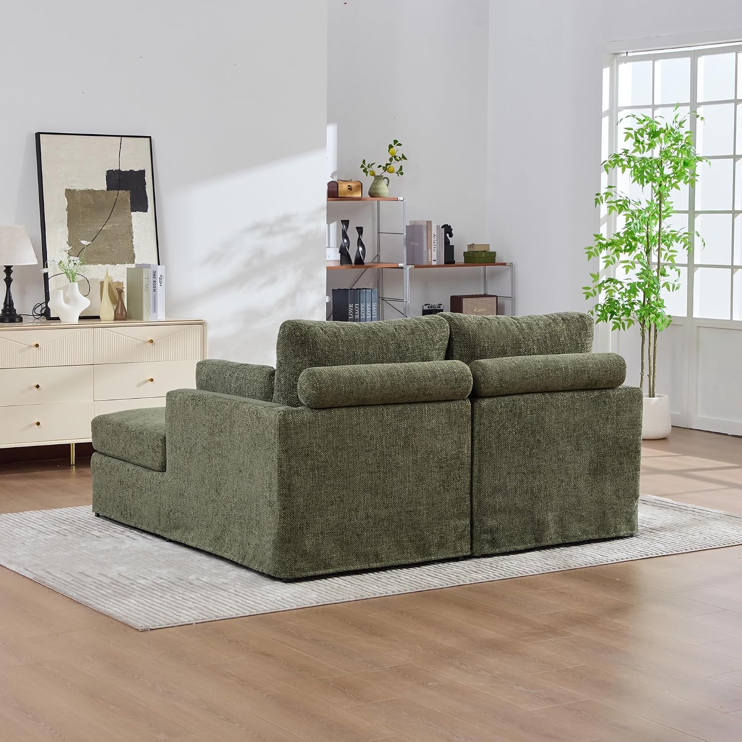 63.39" W Combination Sofa Bed with Cushions,Chaise Chair with Featuring Soft Chenille Upholstery and Sturdy Metal Legs for Living Rooms, Bedrooms, Apartments (Green+Chenille)