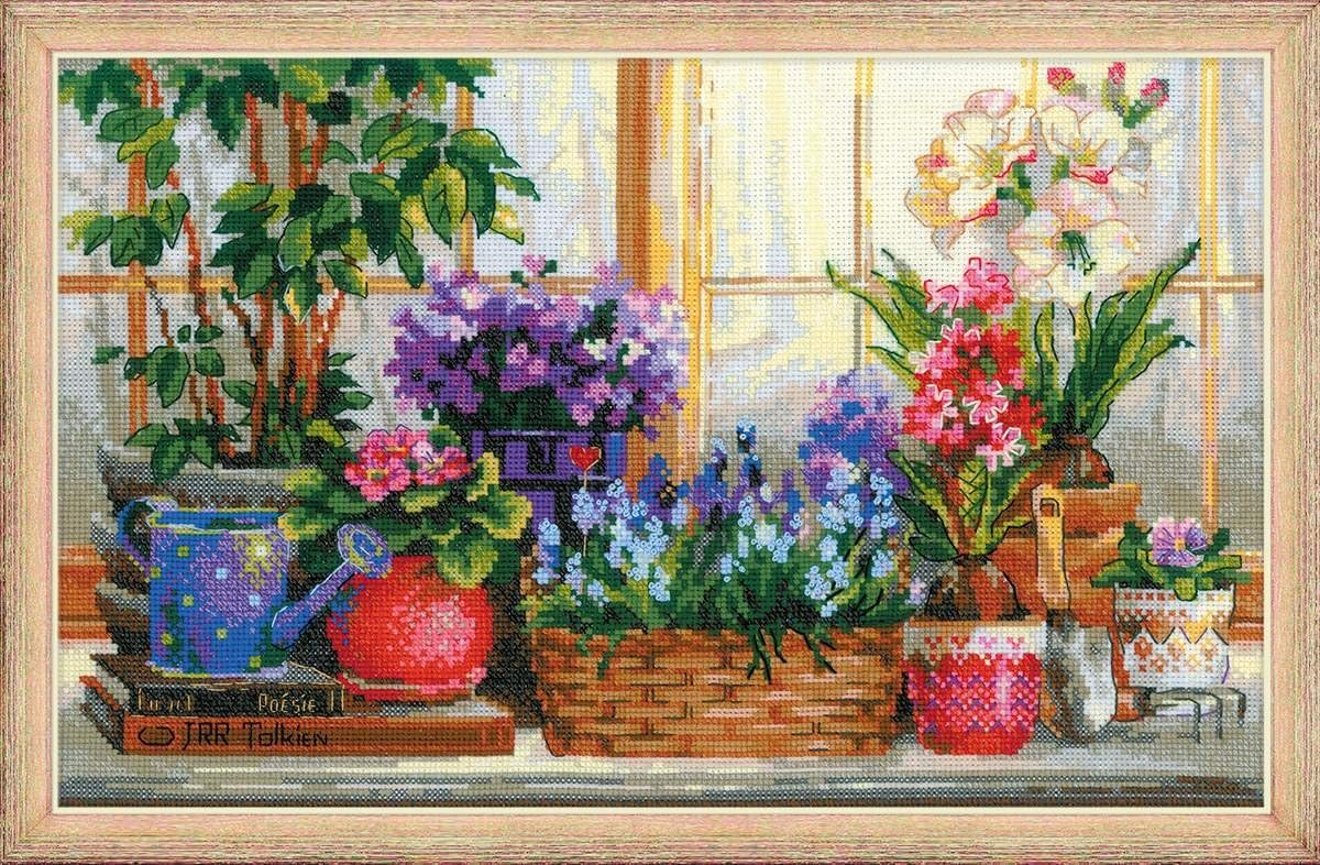 RIOLIS - Windowsill with Flowers 1669, Floral Cross Stitch Kits 15¾"x9¾, Cross Stitch Kits for Beginners & Advanced, Crossstitching Kits Adult, Counted Stitching Kits, Flowers Embroidery Kit